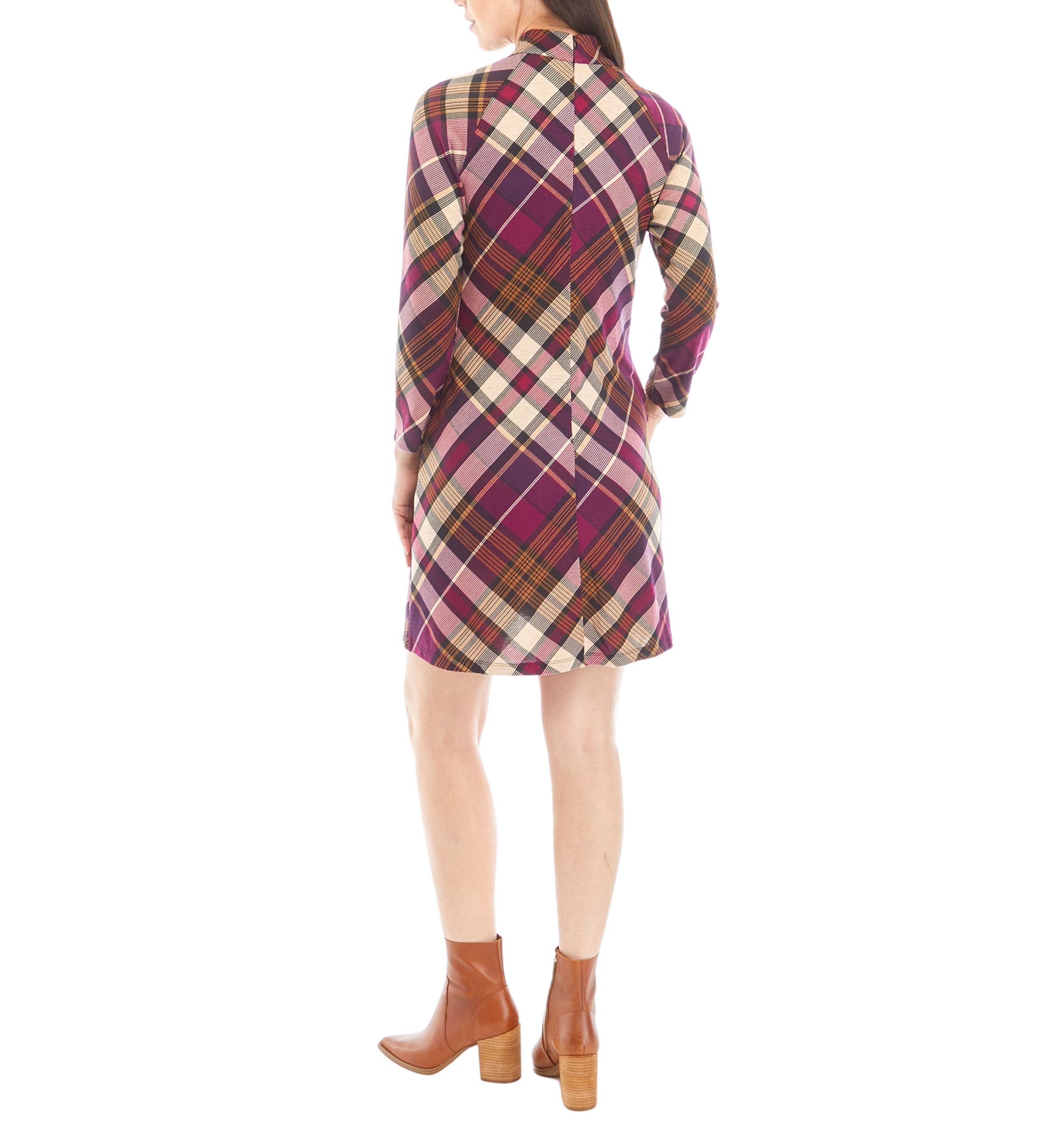 Womens Mock Neck Plaid A-Line Dress