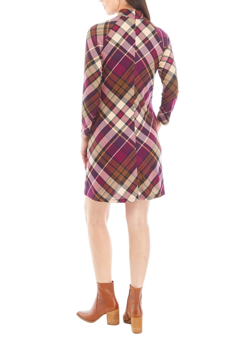 Womens Mock Neck Plaid A-Line Dress