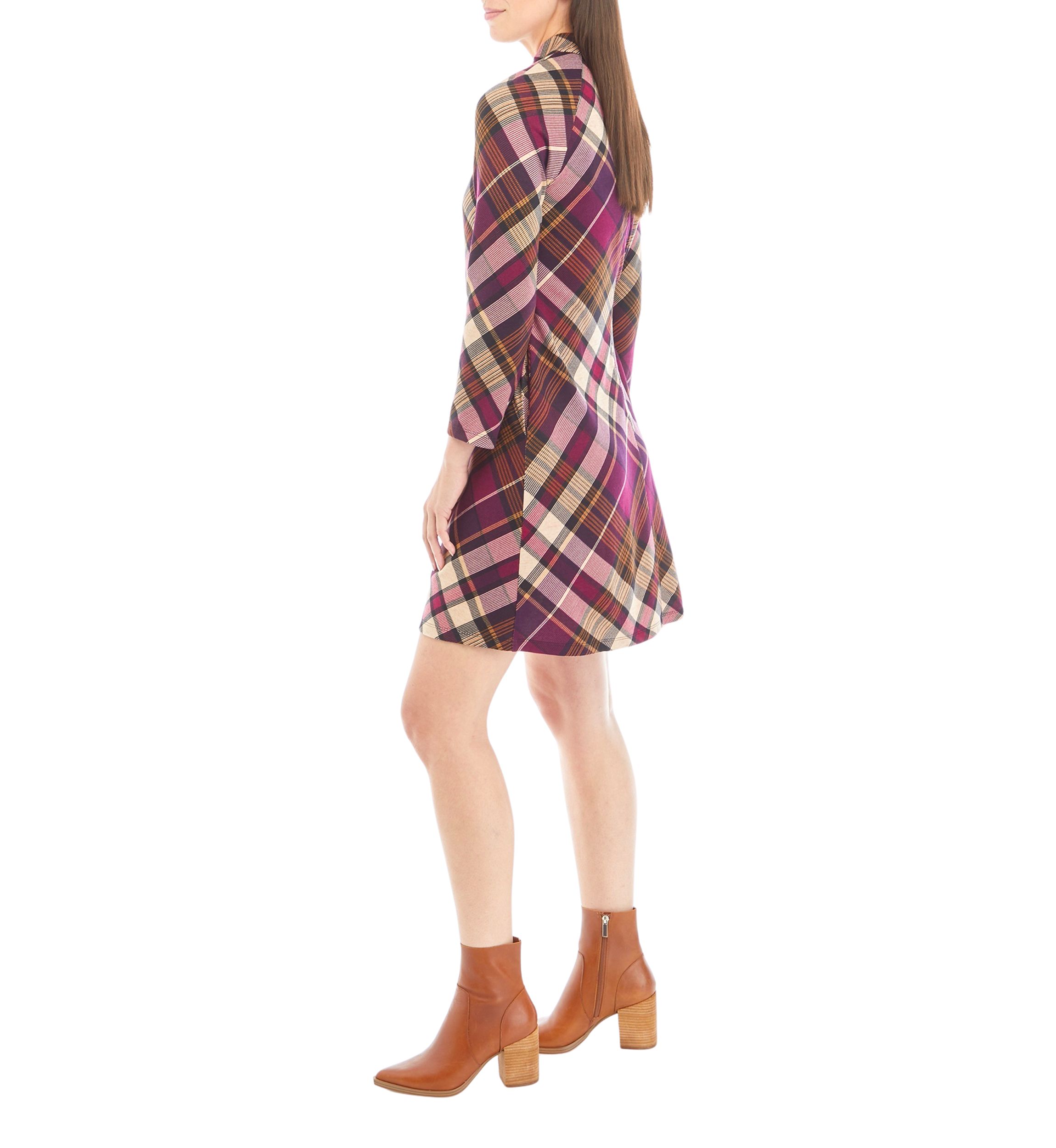 Womens Mock Neck Plaid A-Line Dress