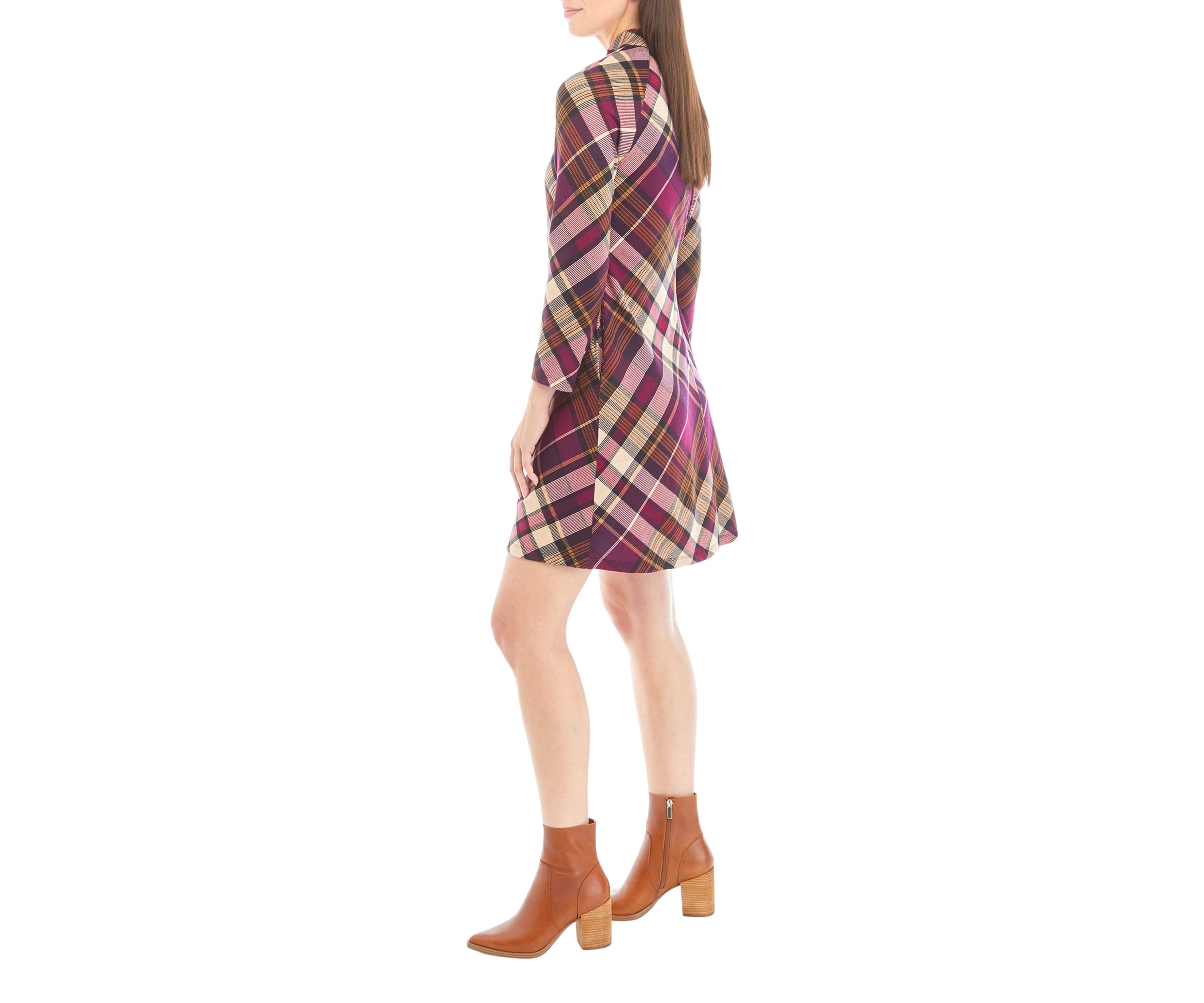 Womens Mock Neck Plaid A-Line Dress