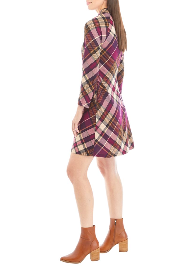 Womens Mock Neck Plaid A-Line Dress