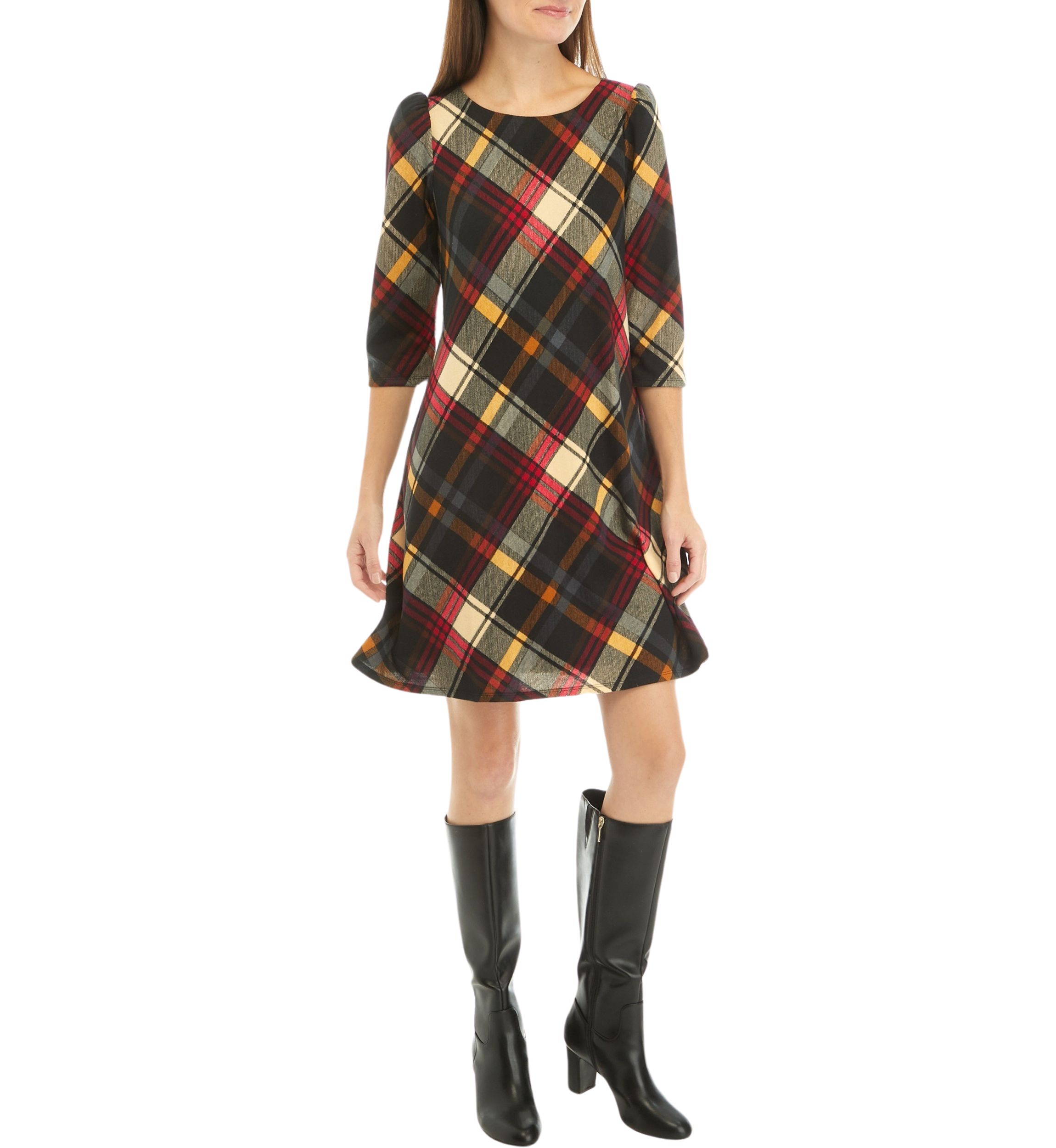 Womens Puff Shoulder Long Sleeve Plaid A-Line Dress