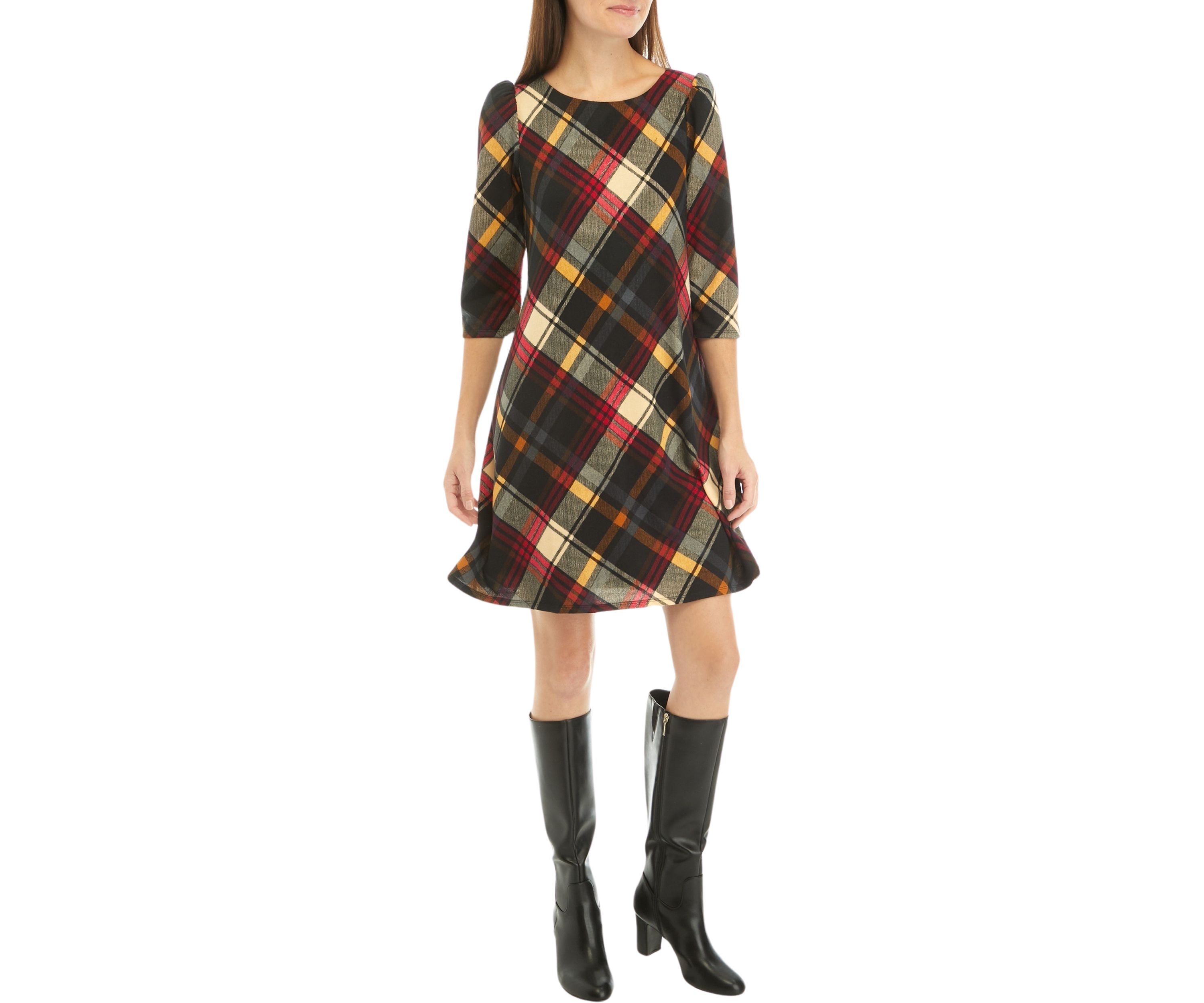 Womens Puff Shoulder Long Sleeve Plaid A-Line Dress