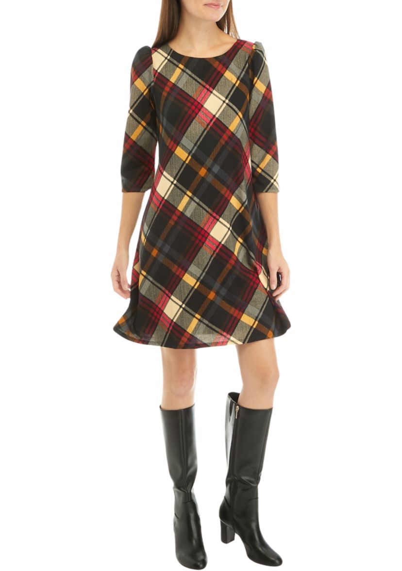 Womens Puff Shoulder Long Sleeve Plaid A-Line Dress