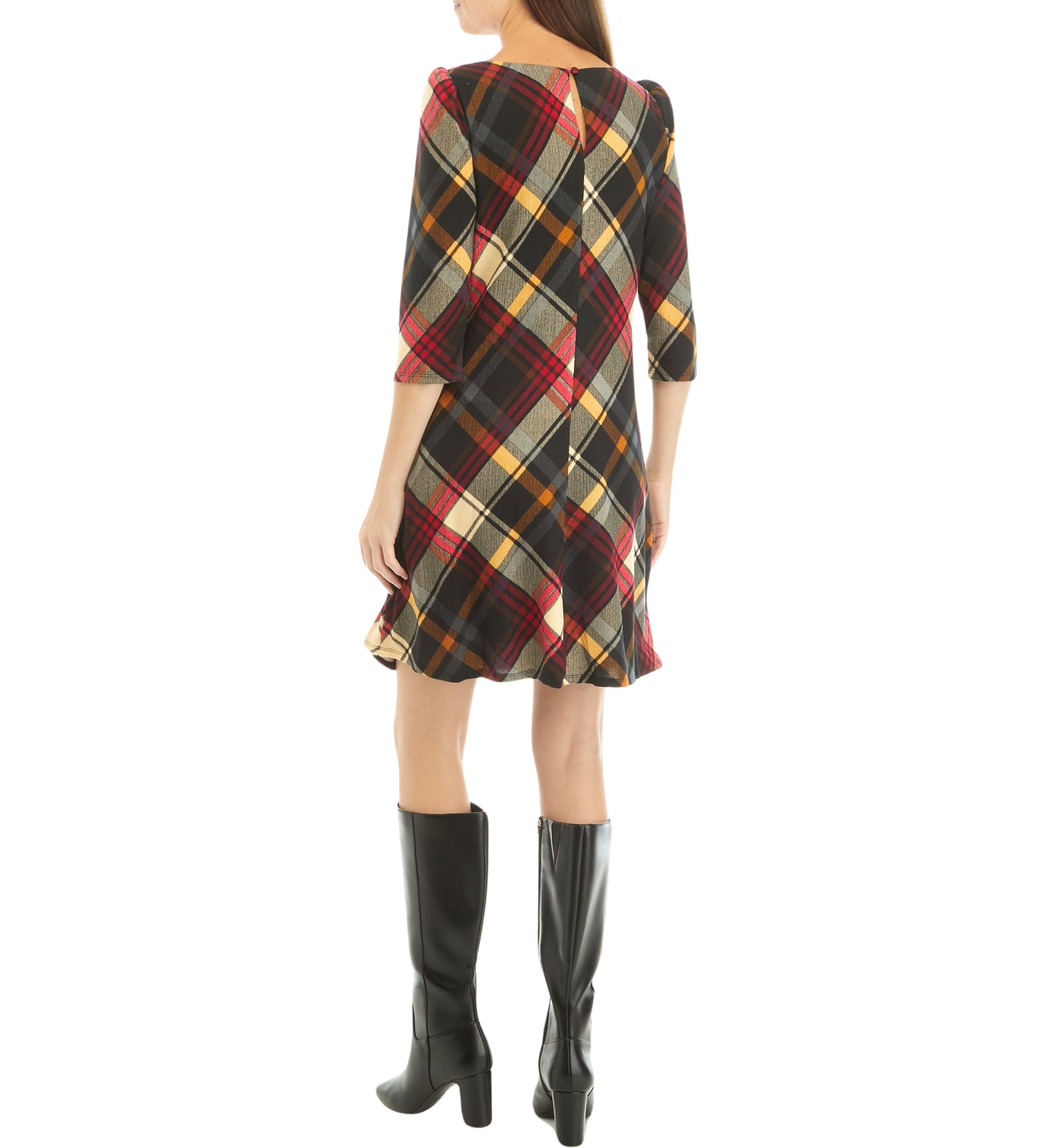 Womens Puff Shoulder Long Sleeve Plaid A-Line Dress