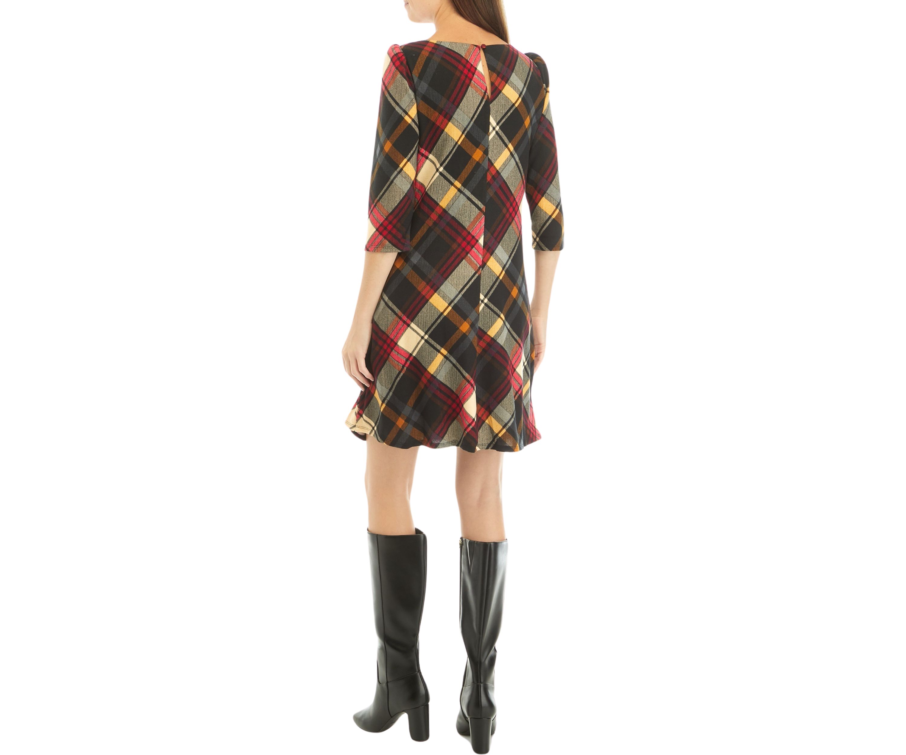 Womens Puff Shoulder Long Sleeve Plaid A-Line Dress
