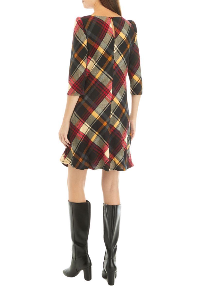 Womens Puff Shoulder Long Sleeve Plaid A-Line Dress