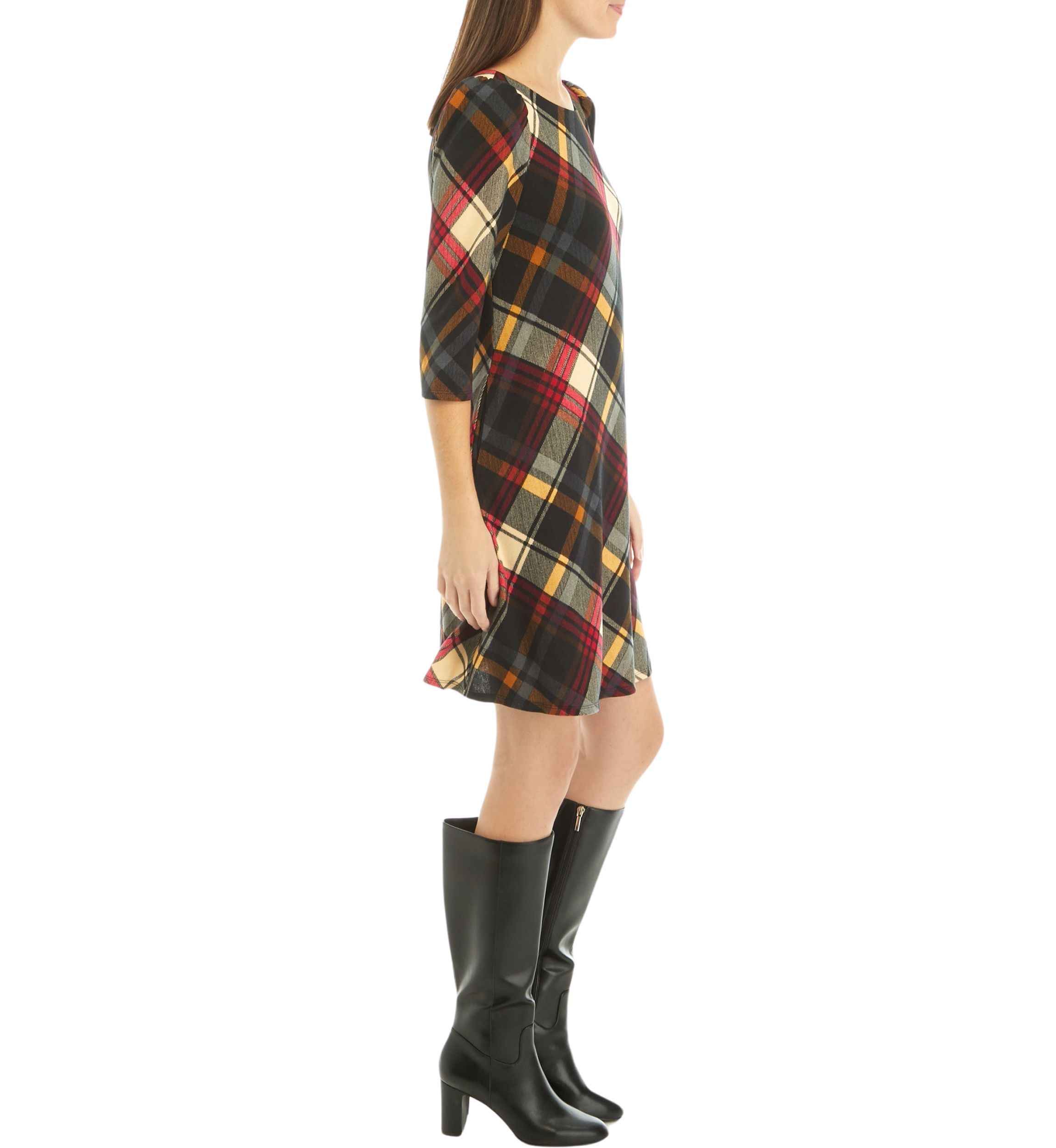 Womens Puff Shoulder Long Sleeve Plaid A-Line Dress