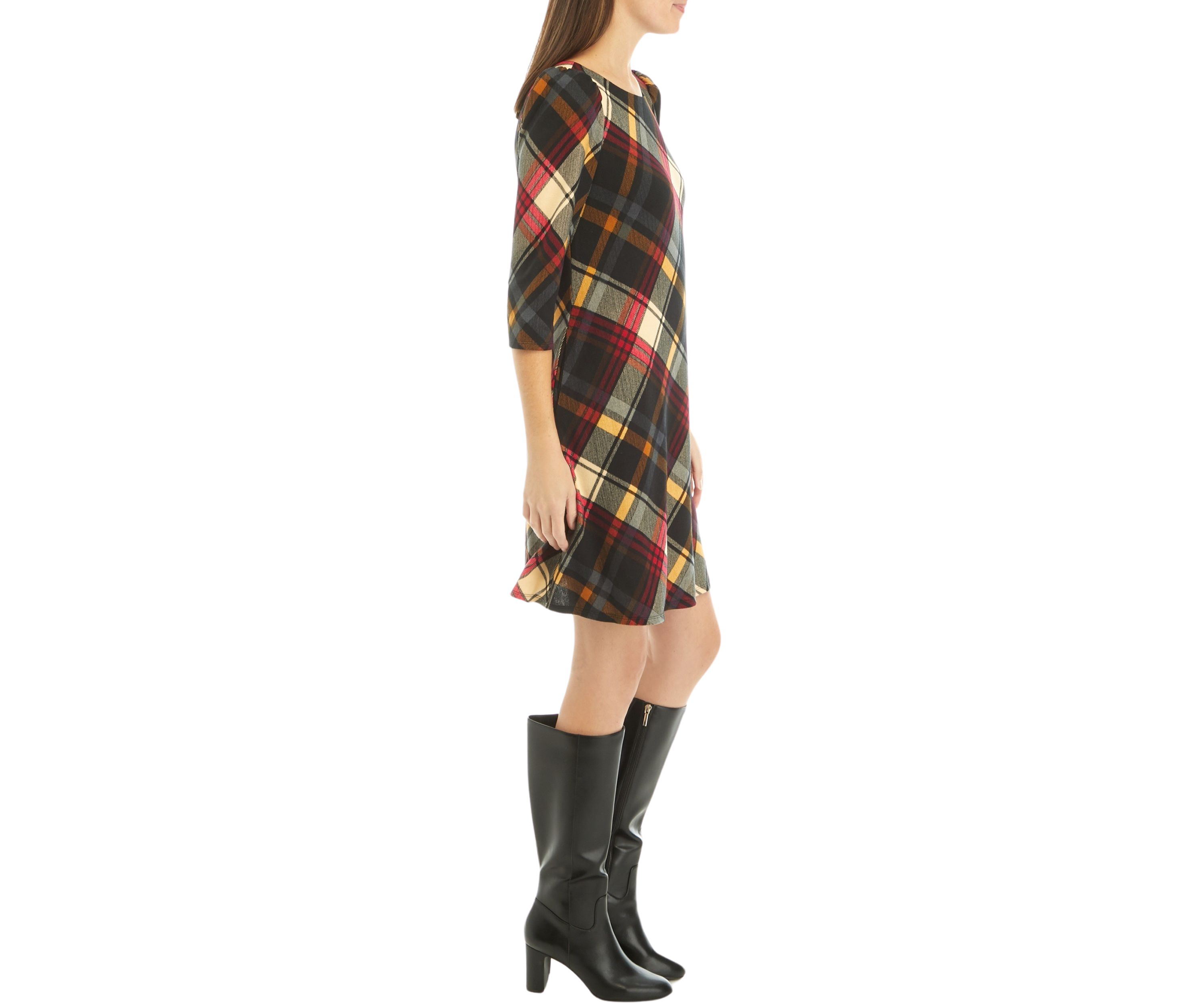 Womens Puff Shoulder Long Sleeve Plaid A-Line Dress