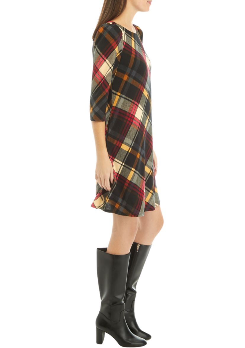 Womens Puff Shoulder Long Sleeve Plaid A-Line Dress