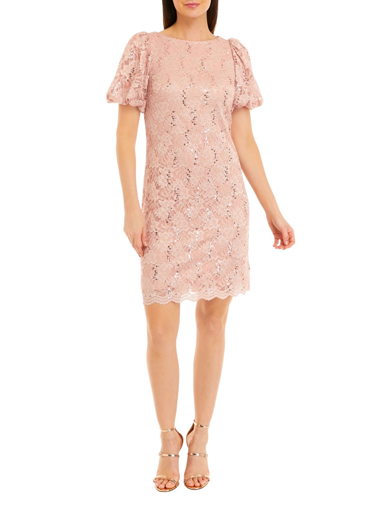 Womens Short Puff Sleeve Lace Sheath Dress