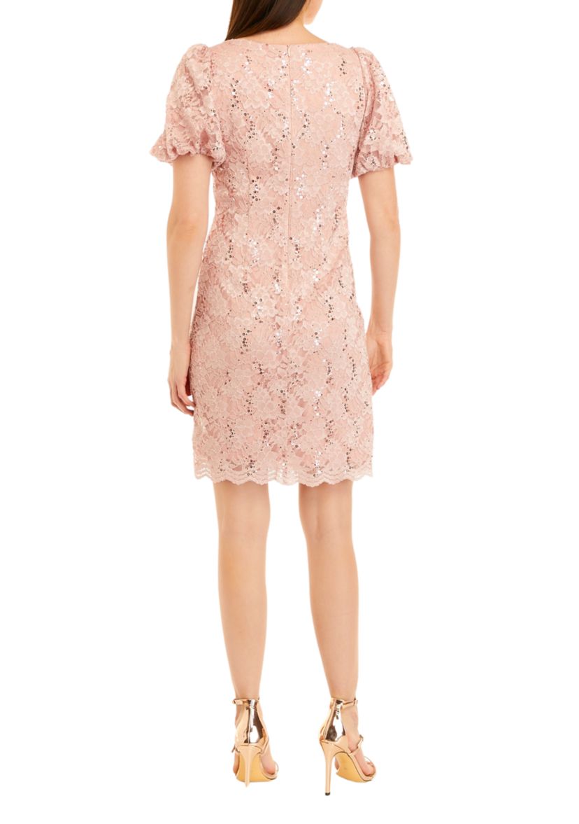 Womens Short Puff Sleeve Lace Sheath Dress
