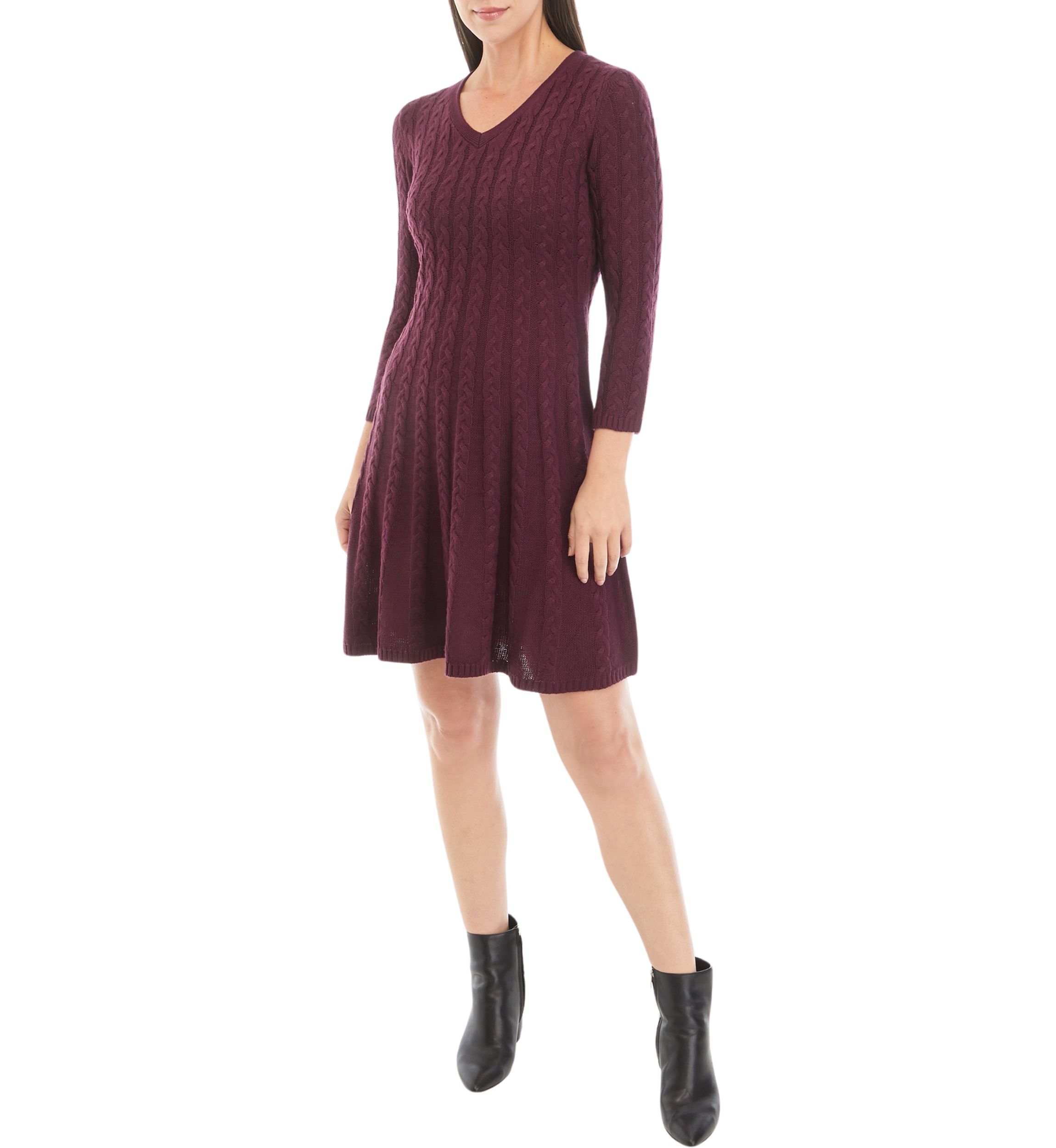 Womens Long Sleeve V-Neck Cable Knit Sweater Dress