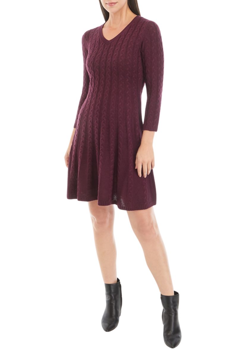 Womens Long Sleeve V-Neck Cable Knit Sweater Dress
