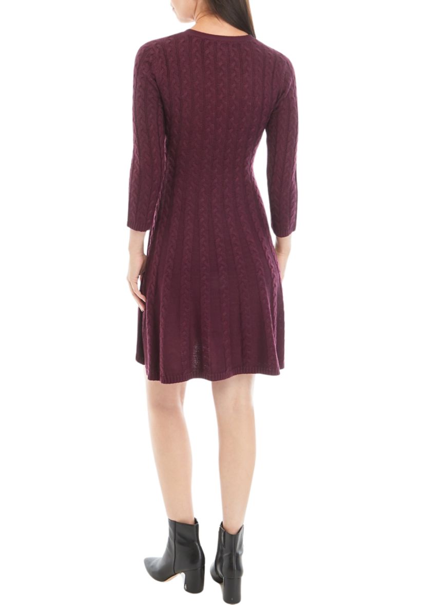 Womens Long Sleeve V-Neck Cable Knit Sweater Dress