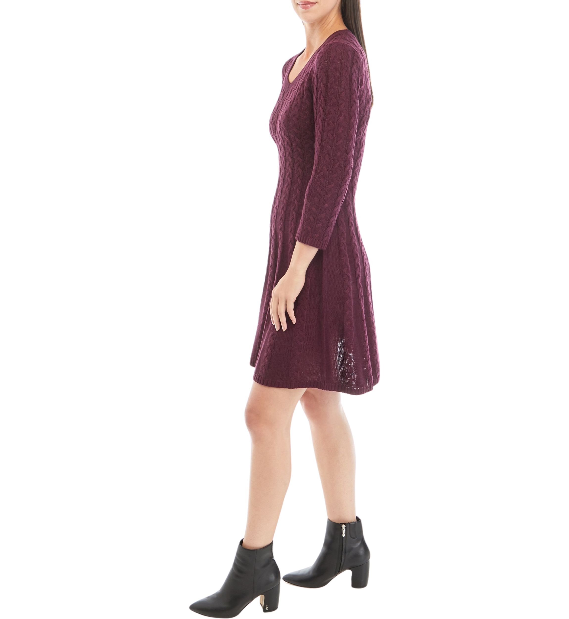 Womens Long Sleeve V-Neck Cable Knit Sweater Dress