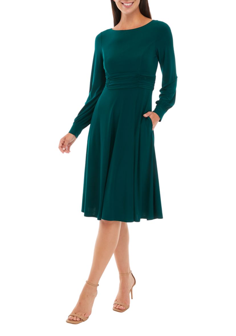 Womens Long Sleeve Midi Fit and Flare Dress