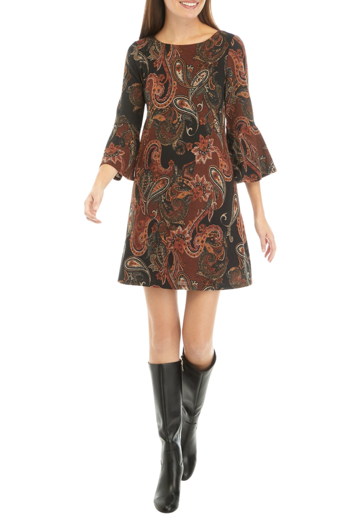 Womens 3/4 Bell Sleeve Paisley A-Line Dress