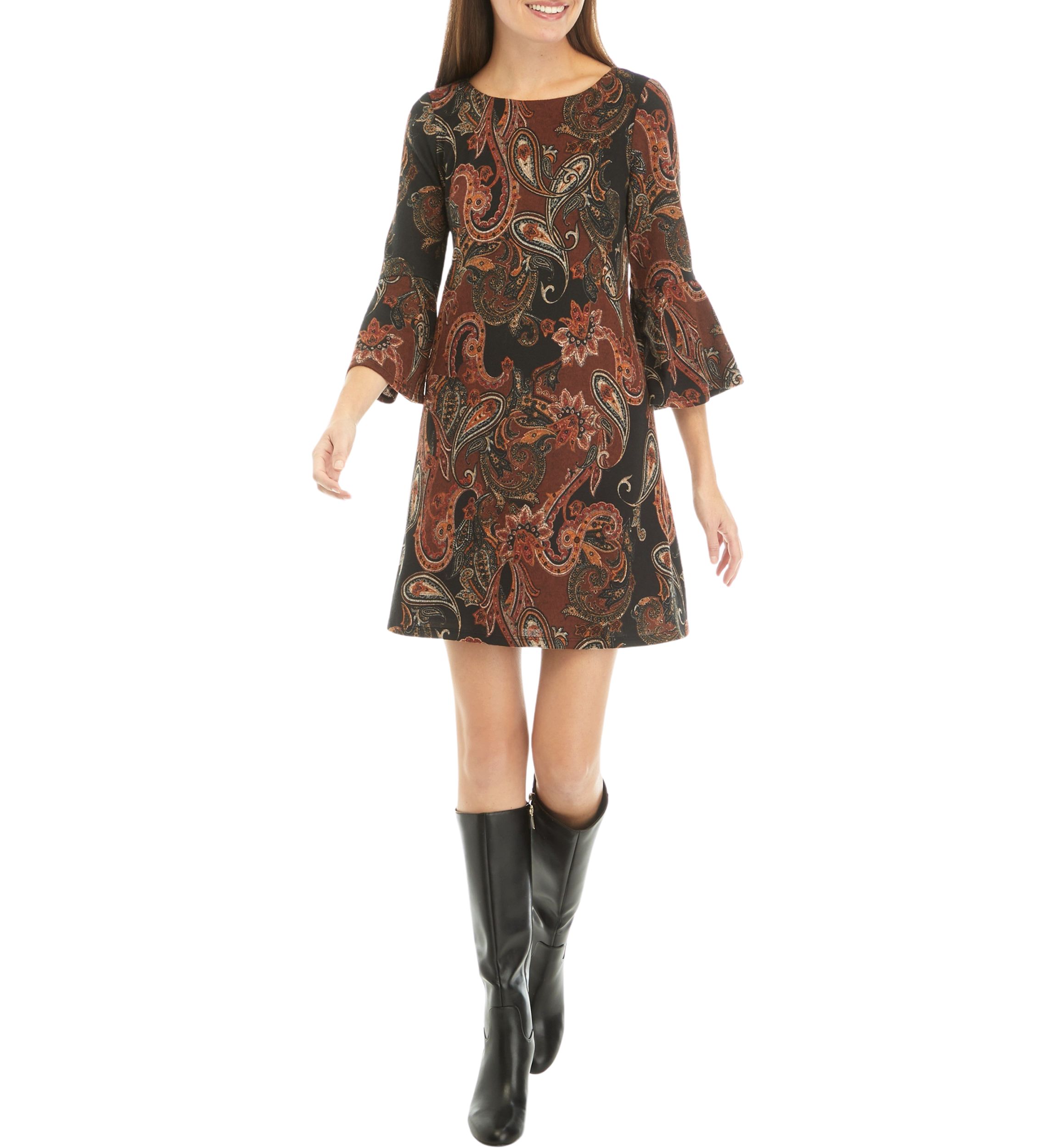 Womens 3/4 Bell Sleeve Paisley A-Line Dress