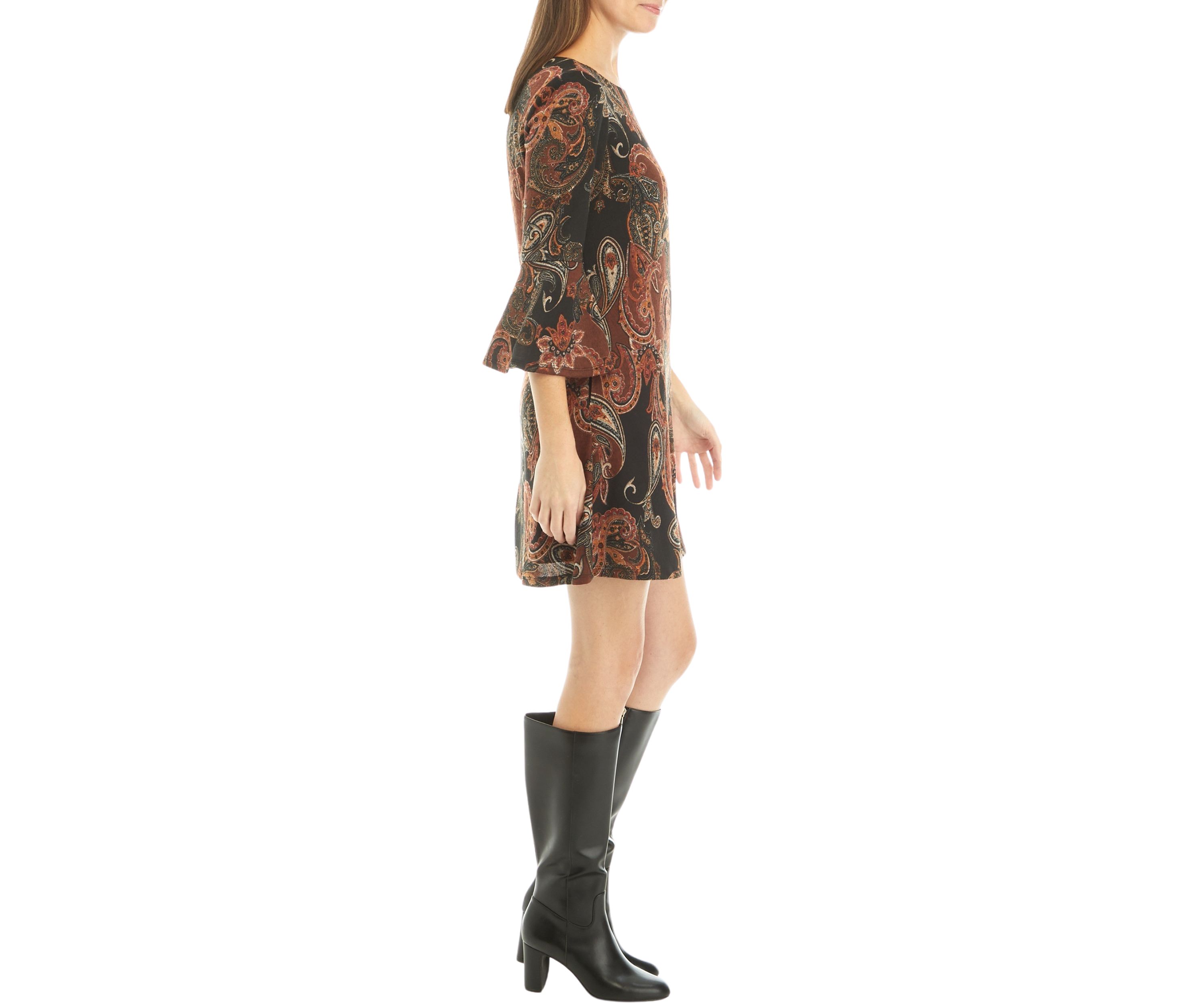 Womens 3/4 Bell Sleeve Paisley A-Line Dress