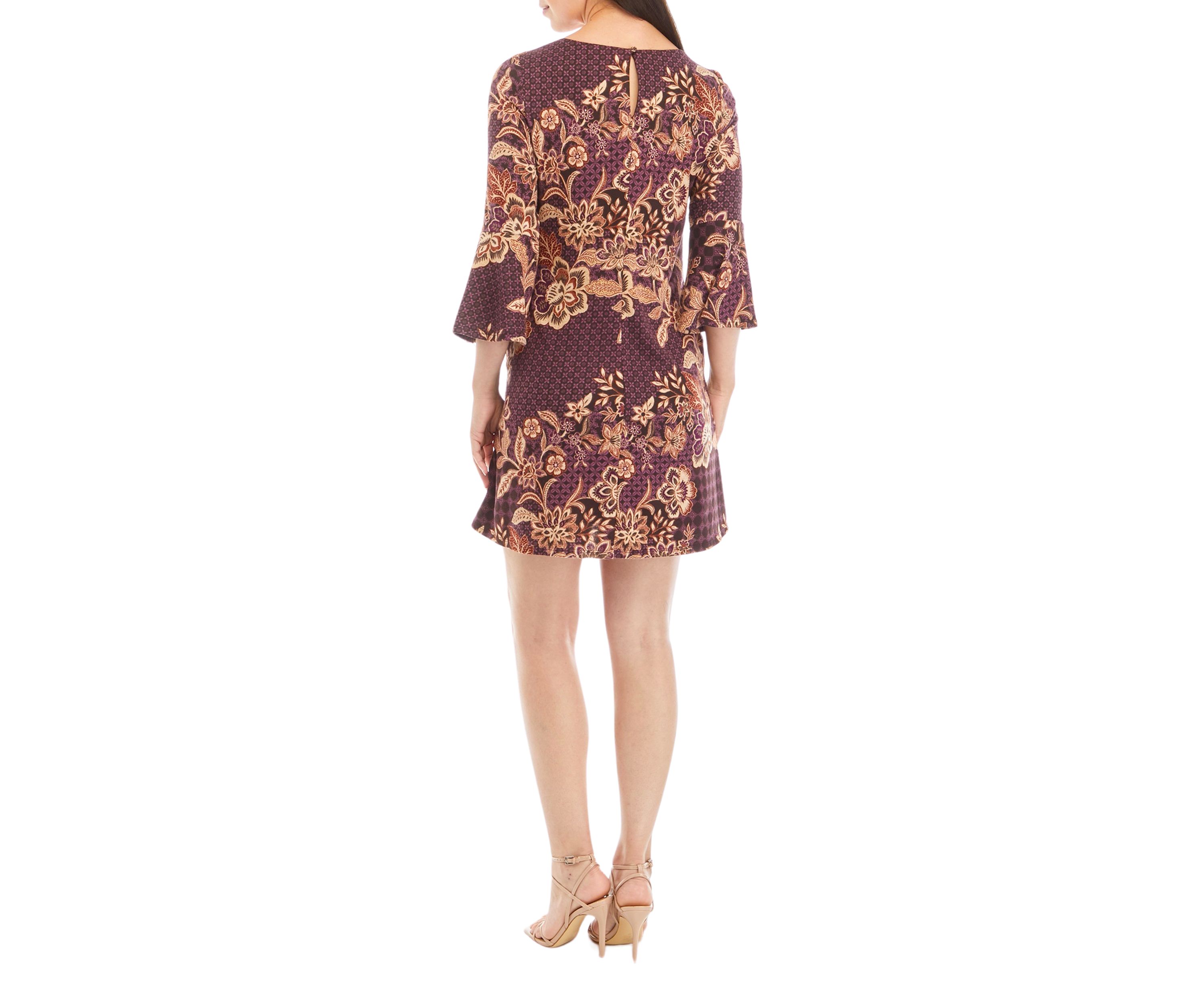 Womens Floral Paisley Printed Bell Sleeve A-Line Dress