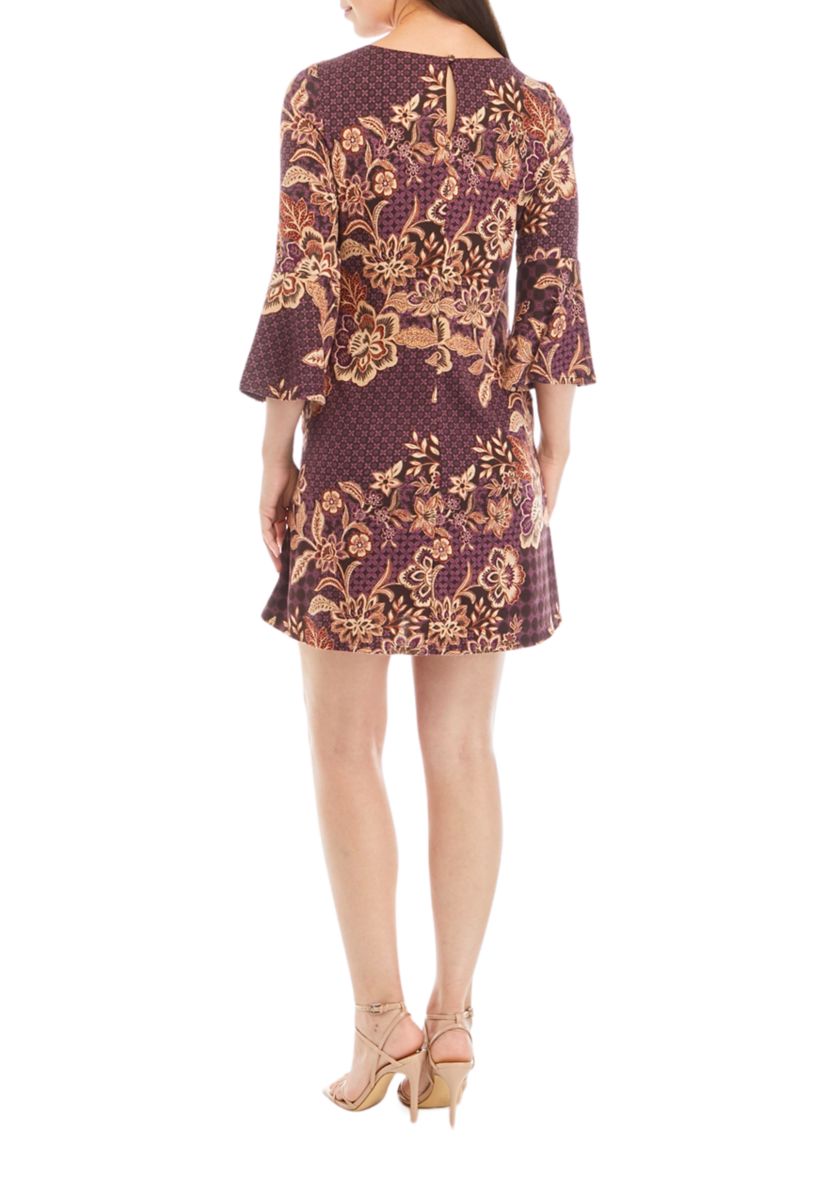Womens Floral Paisley Printed Bell Sleeve A-Line Dress