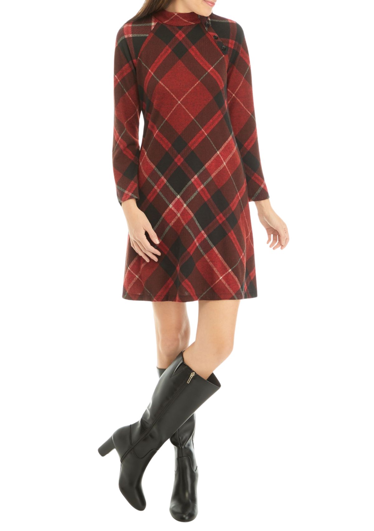 Womens 3/4 Sleeve Mock Neck Plaid A-Line Dress