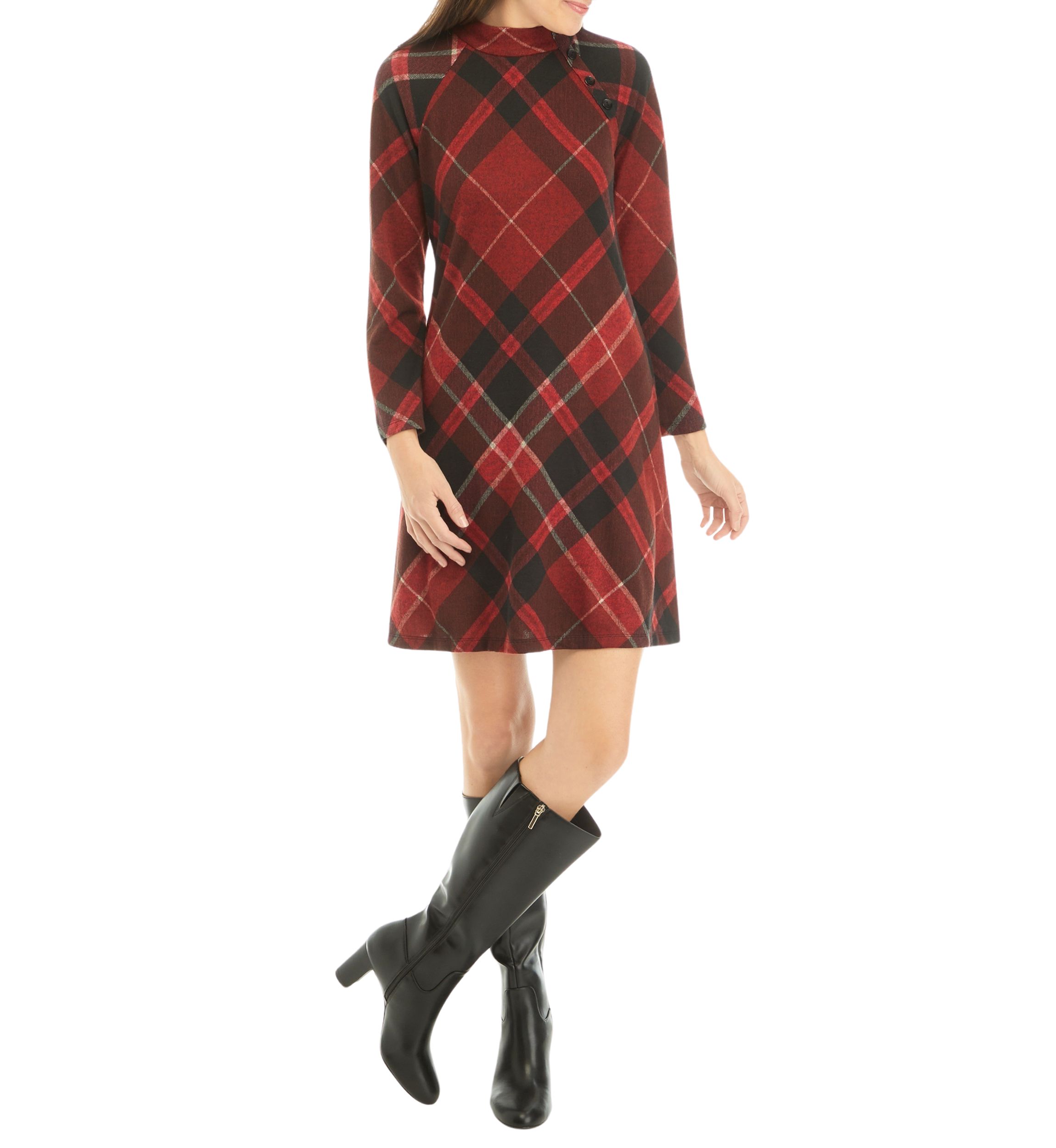 Womens 3/4 Sleeve Mock Neck Plaid A-Line Dress