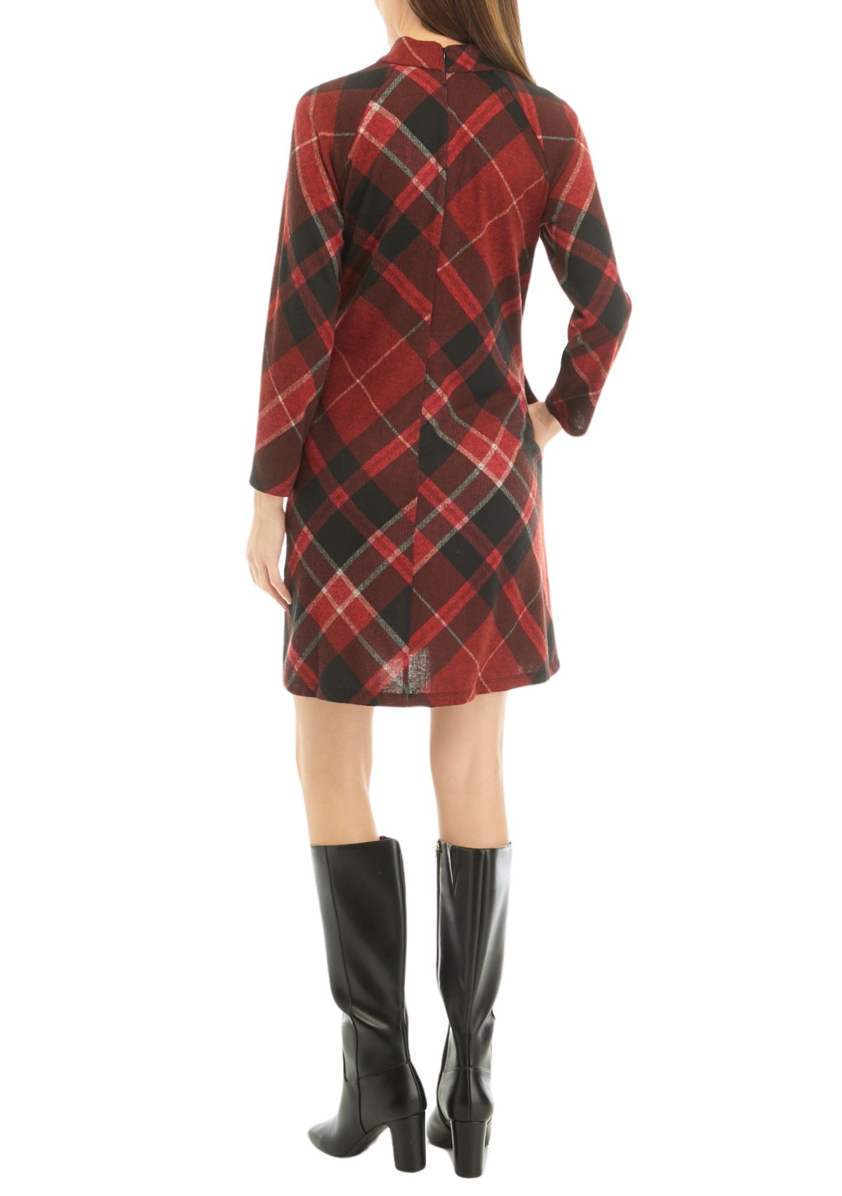 Womens 3/4 Sleeve Mock Neck Plaid A-Line Dress