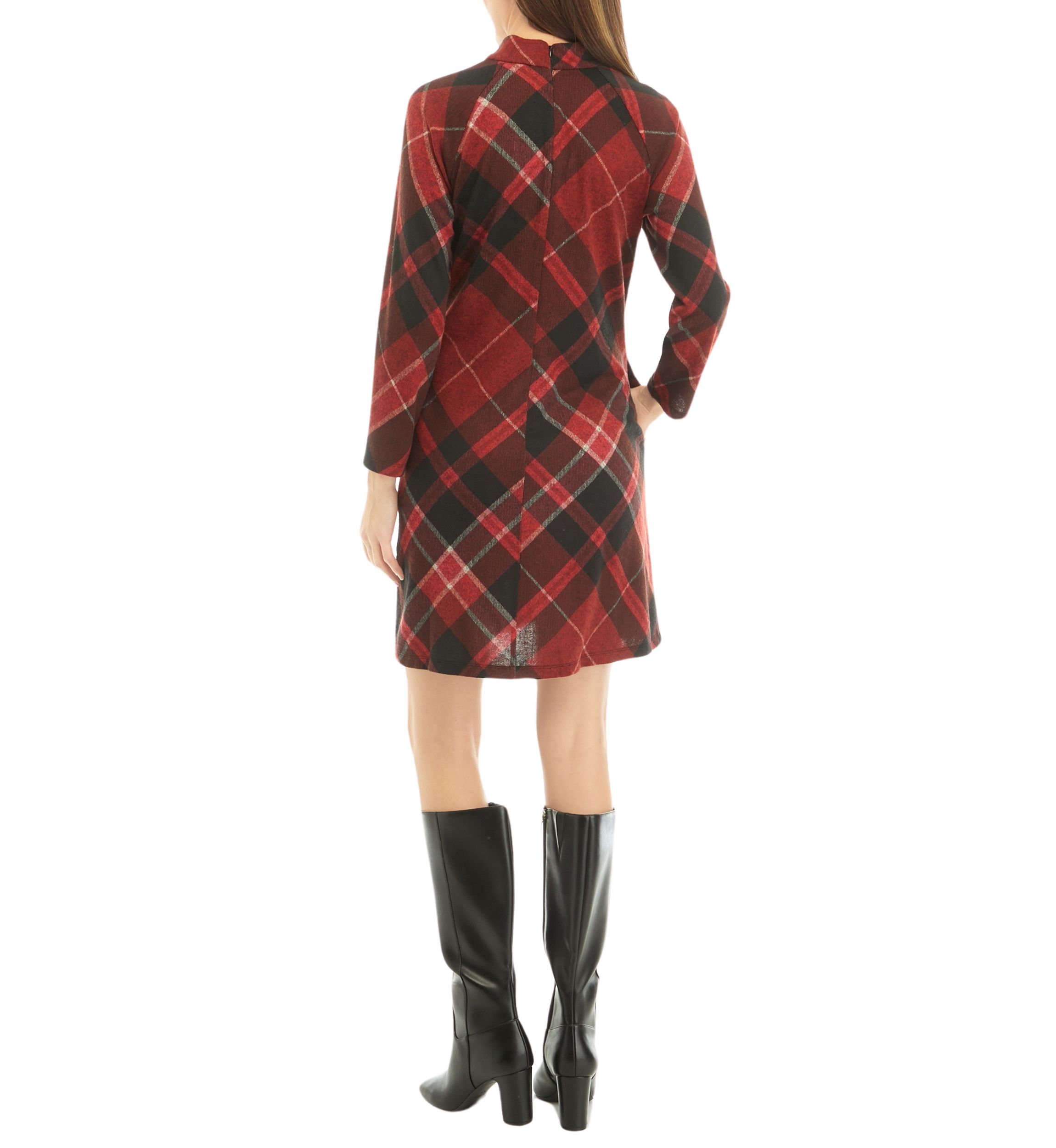 Womens 3/4 Sleeve Mock Neck Plaid A-Line Dress