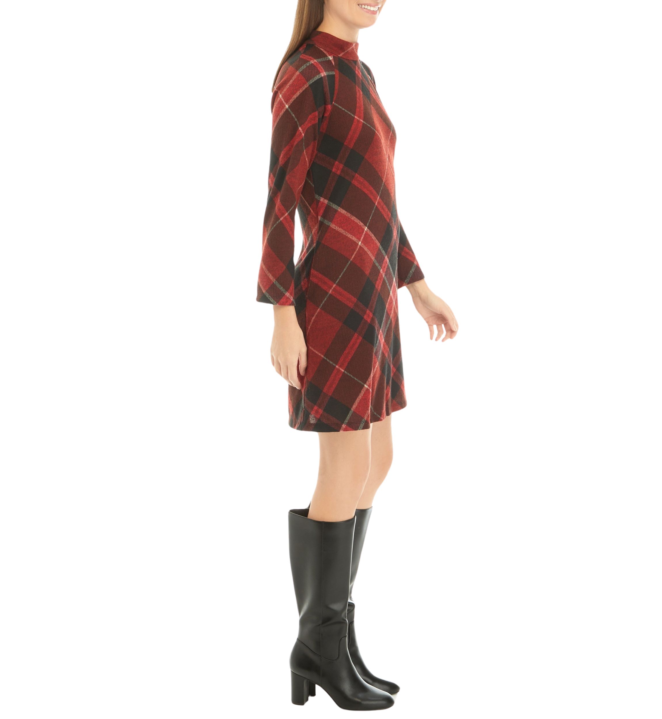 Womens 3/4 Sleeve Mock Neck Plaid A-Line Dress