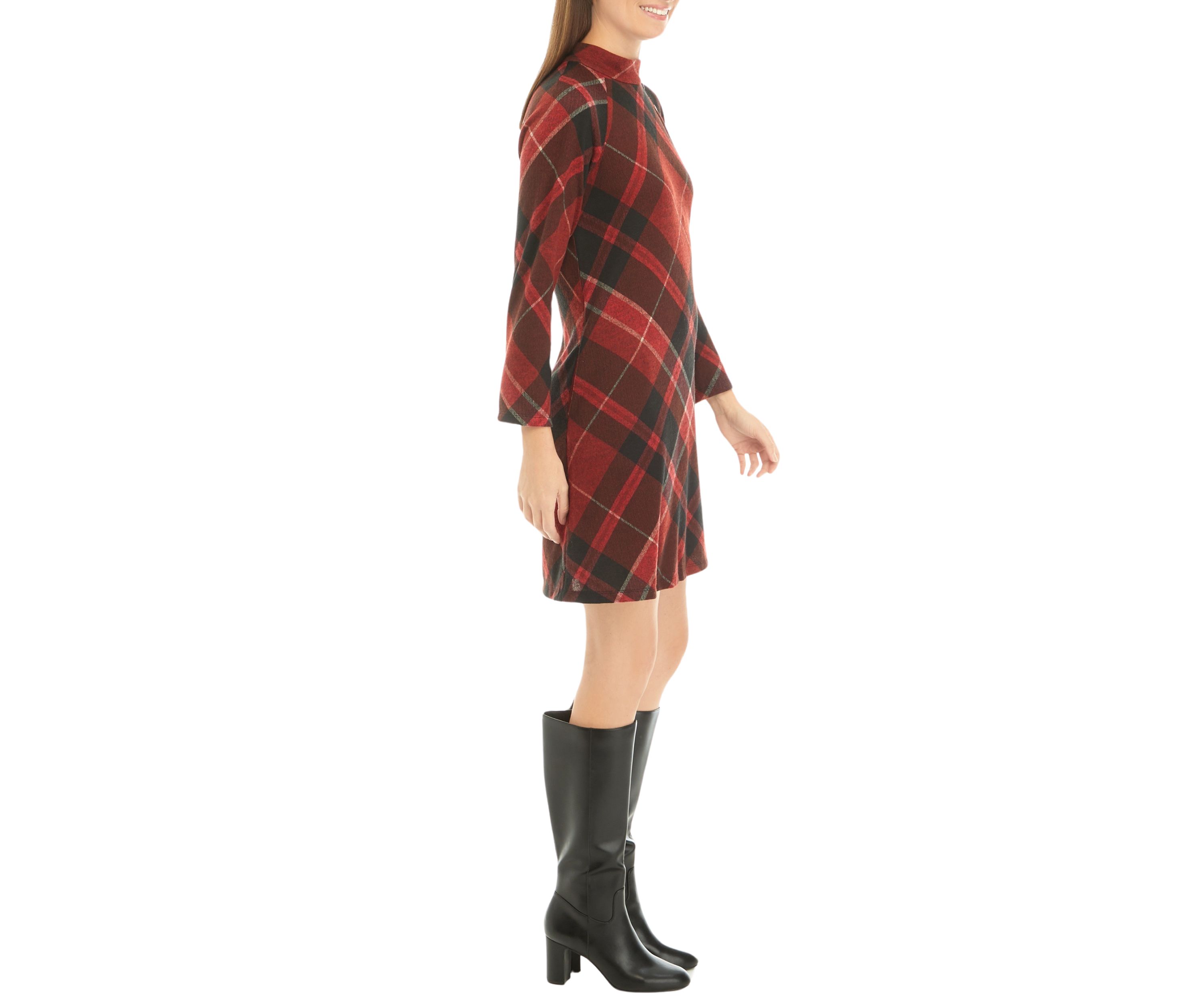 Womens 3/4 Sleeve Mock Neck Plaid A-Line Dress