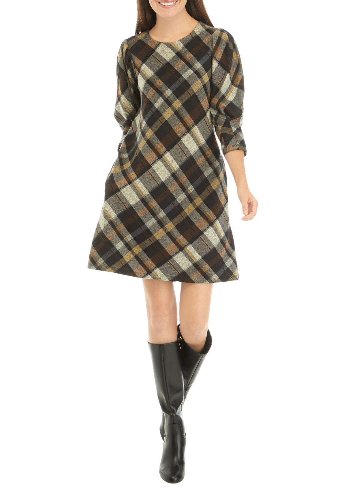 Womens 3/4 Puff Sleeve Plaid Fit and Flare Dress