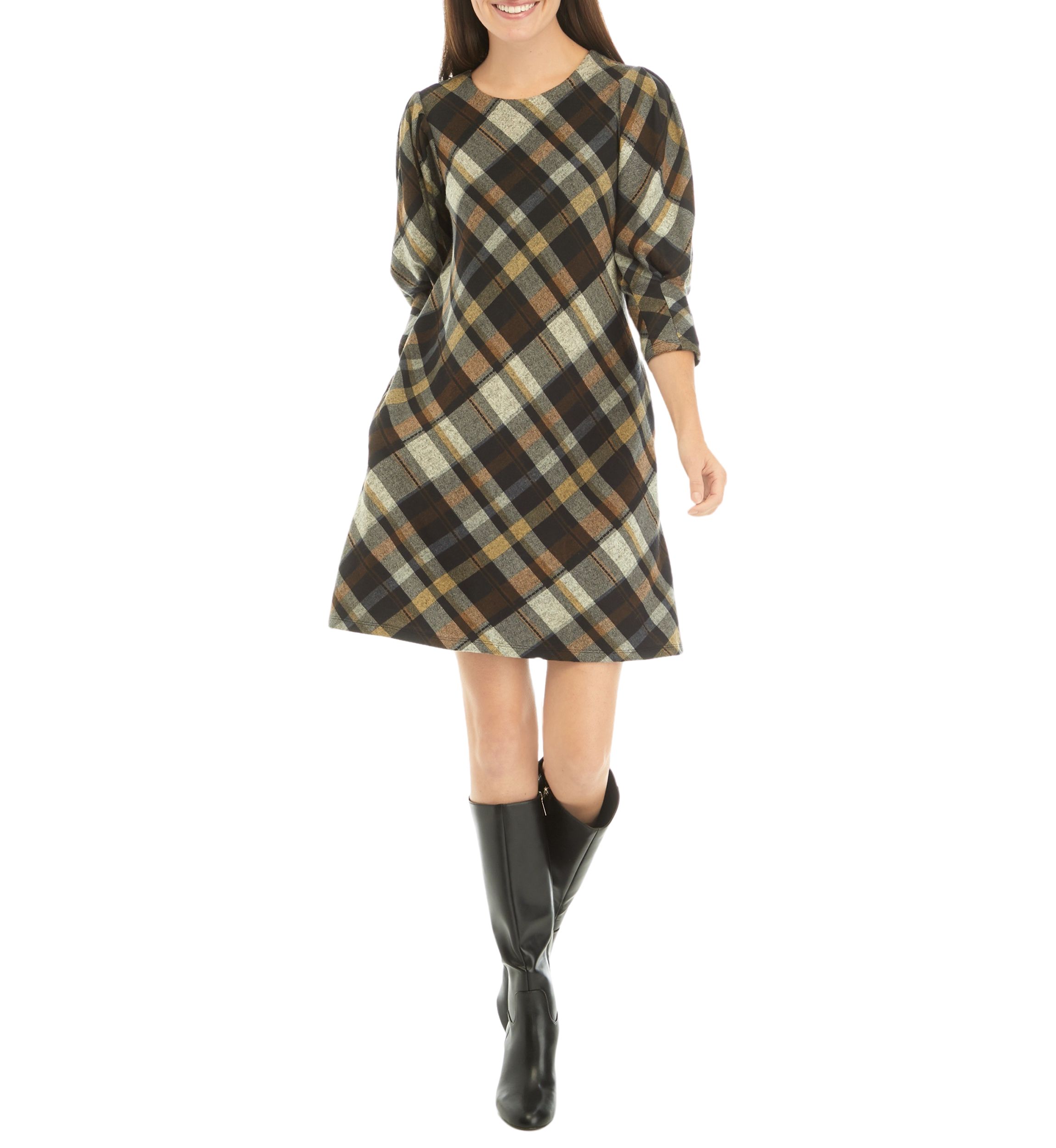 Womens 3/4 Puff Sleeve Plaid Fit and Flare Dress