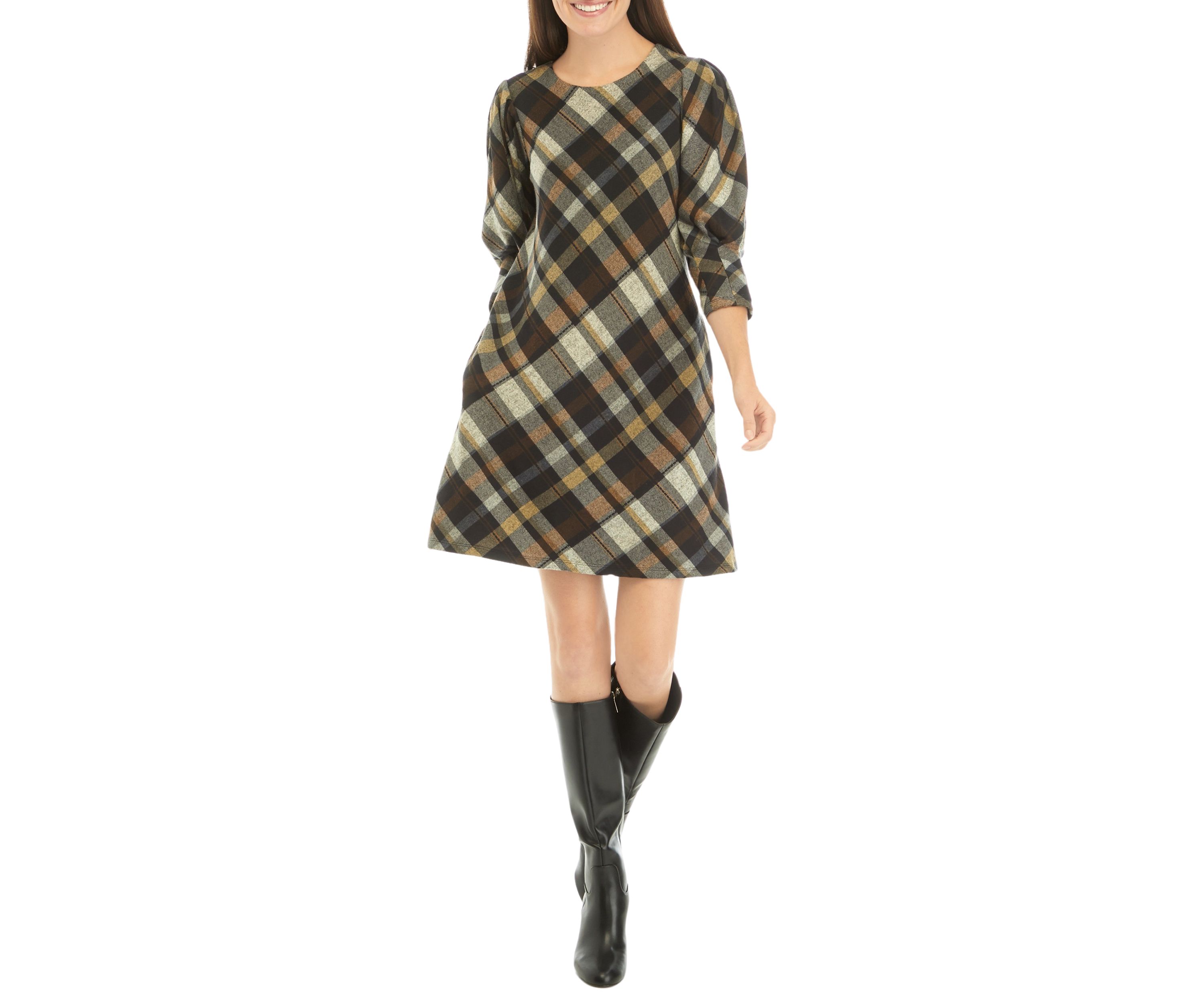 Womens 3/4 Puff Sleeve Plaid Fit and Flare Dress