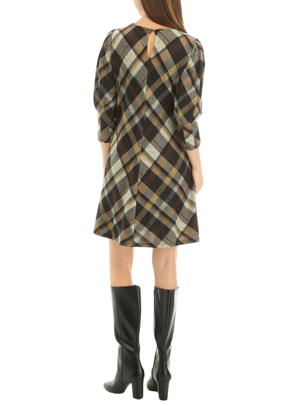 Womens 3/4 Puff Sleeve Plaid Fit and Flare Dress