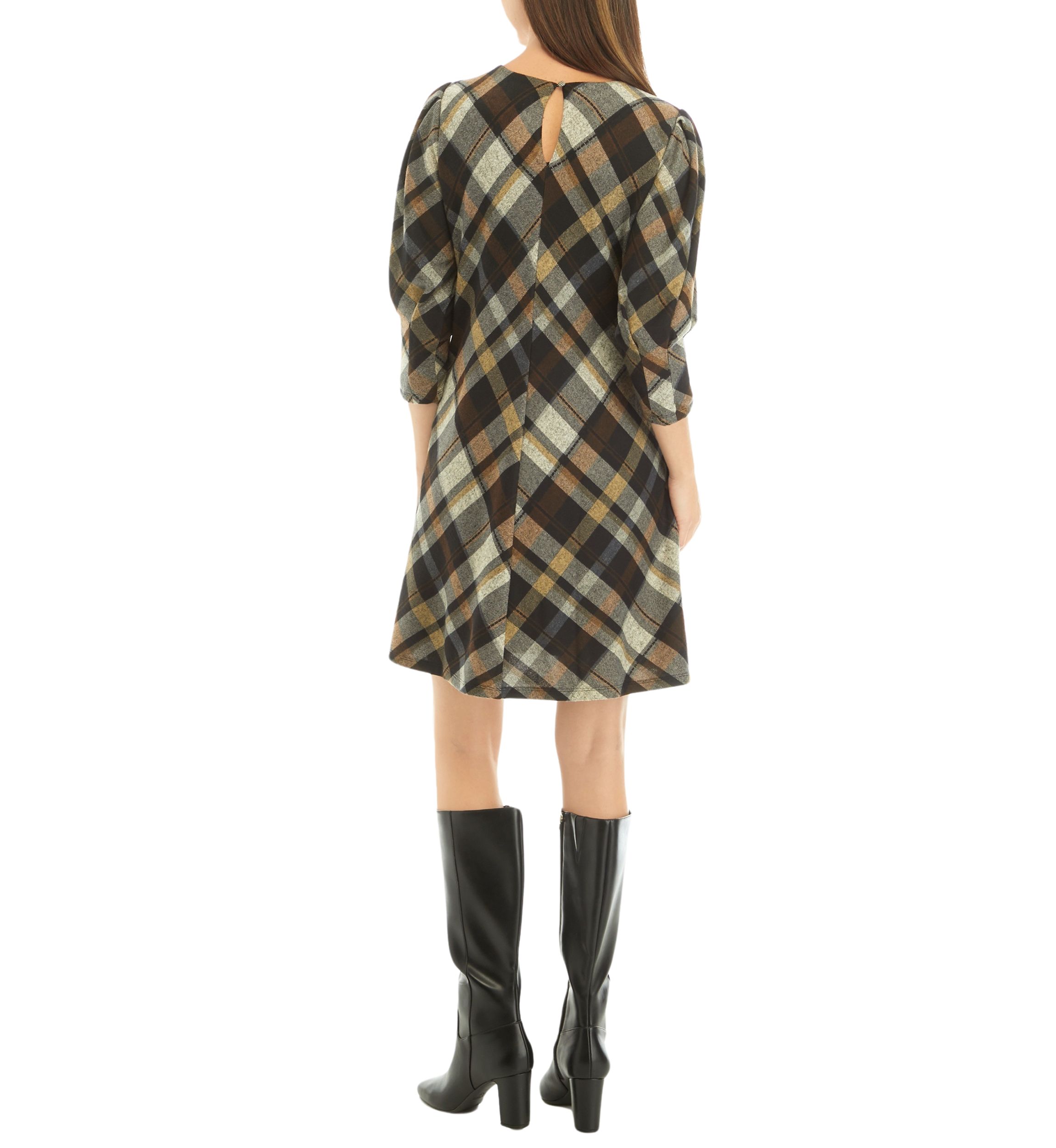 Womens 3/4 Puff Sleeve Plaid Fit and Flare Dress