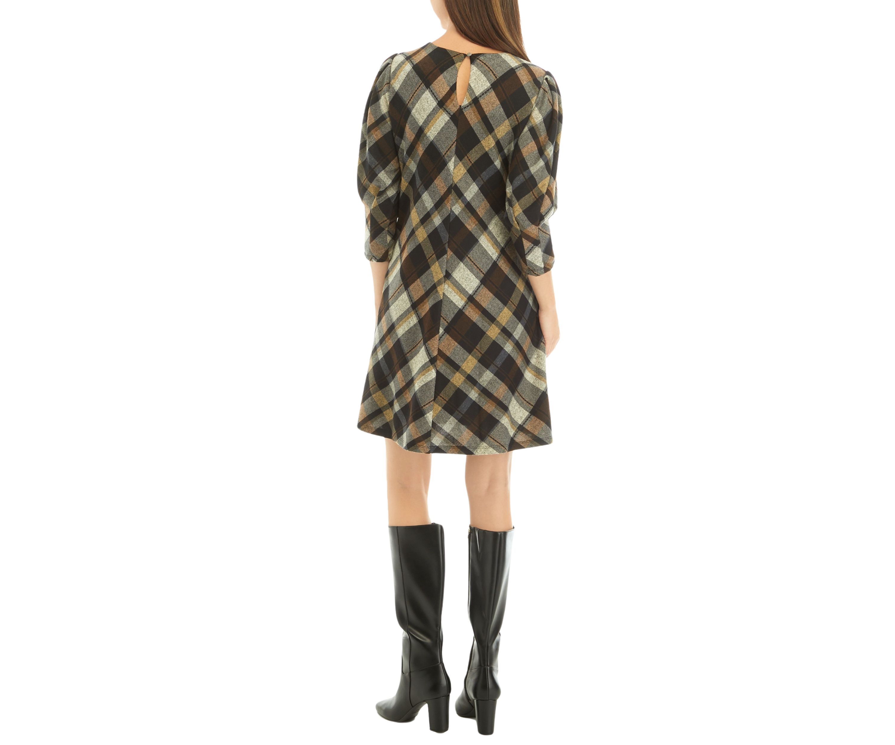 Womens 3/4 Puff Sleeve Plaid Fit and Flare Dress