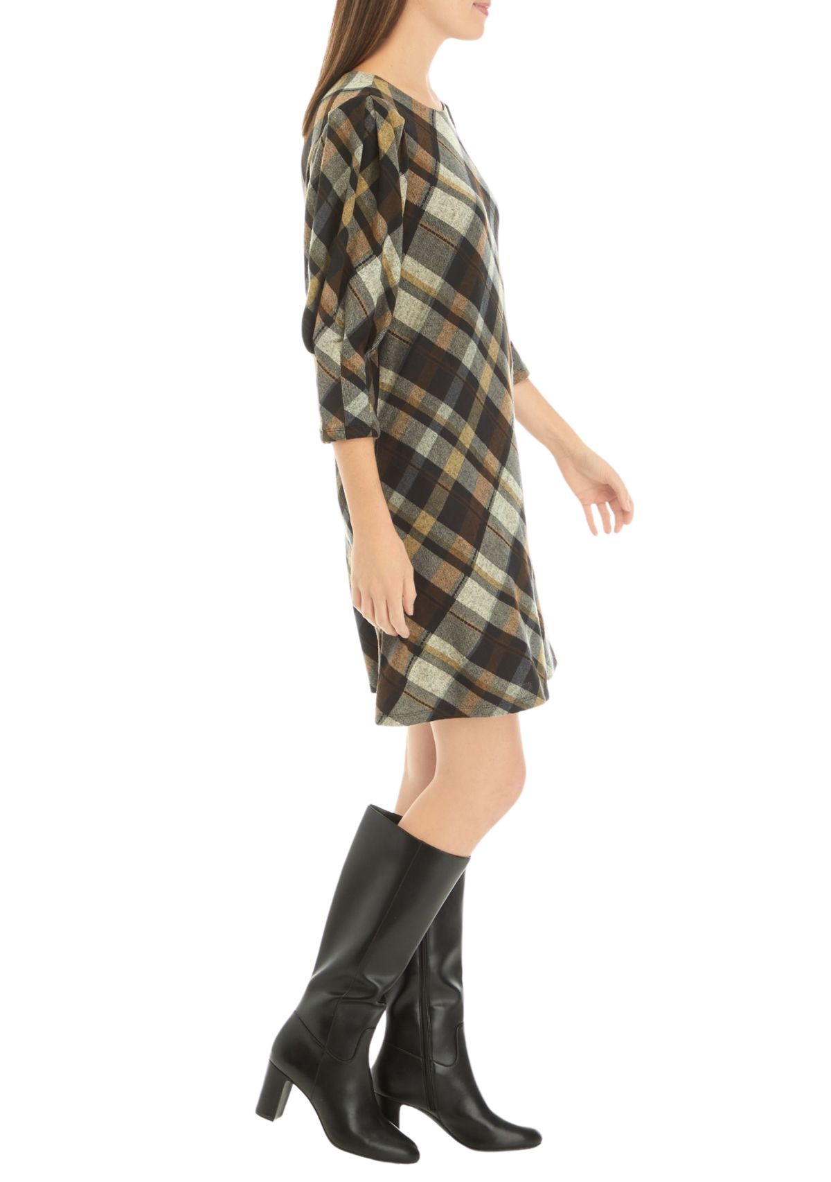 Womens 3/4 Puff Sleeve Plaid Fit and Flare Dress