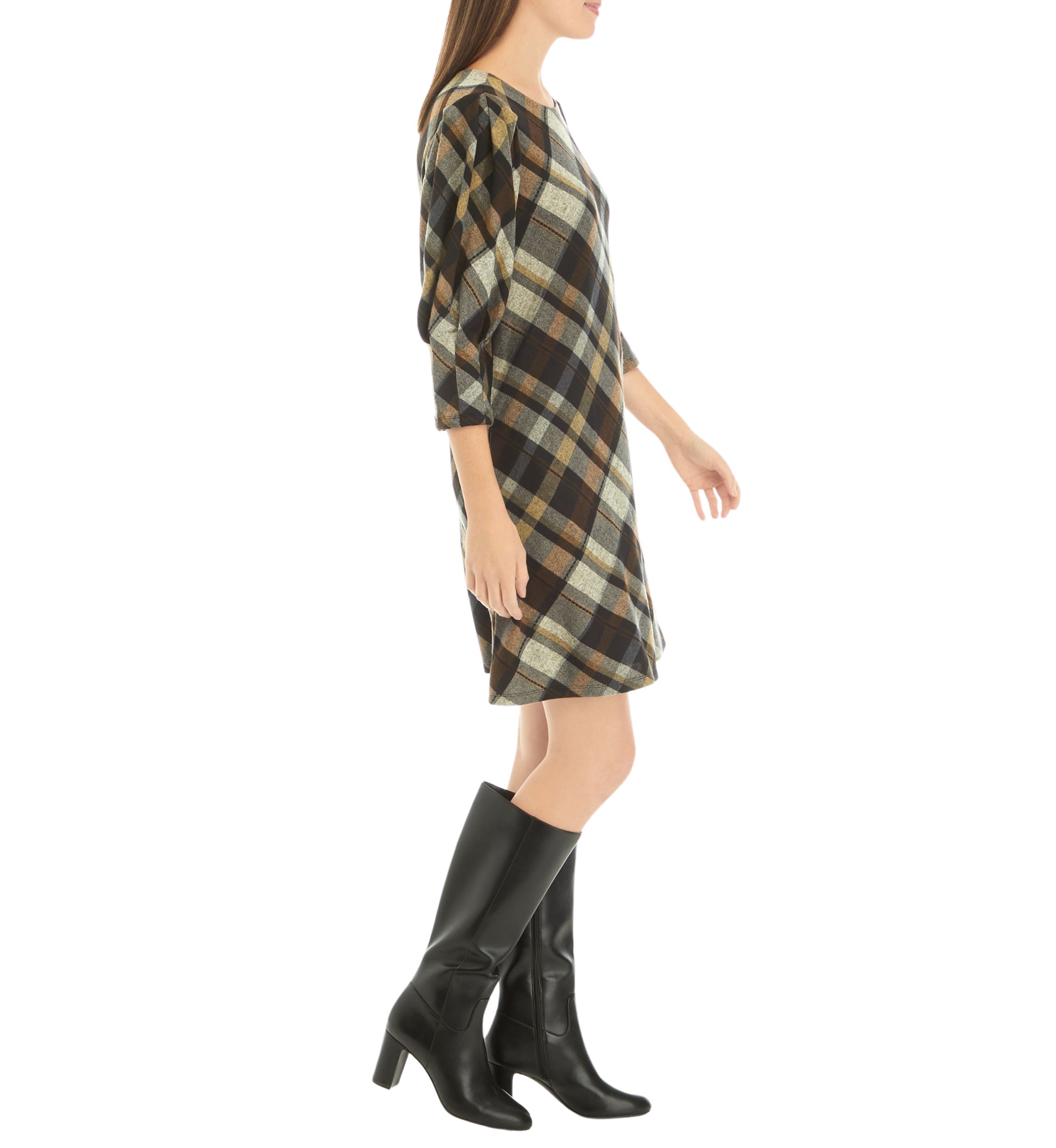 Womens 3/4 Puff Sleeve Plaid Fit and Flare Dress