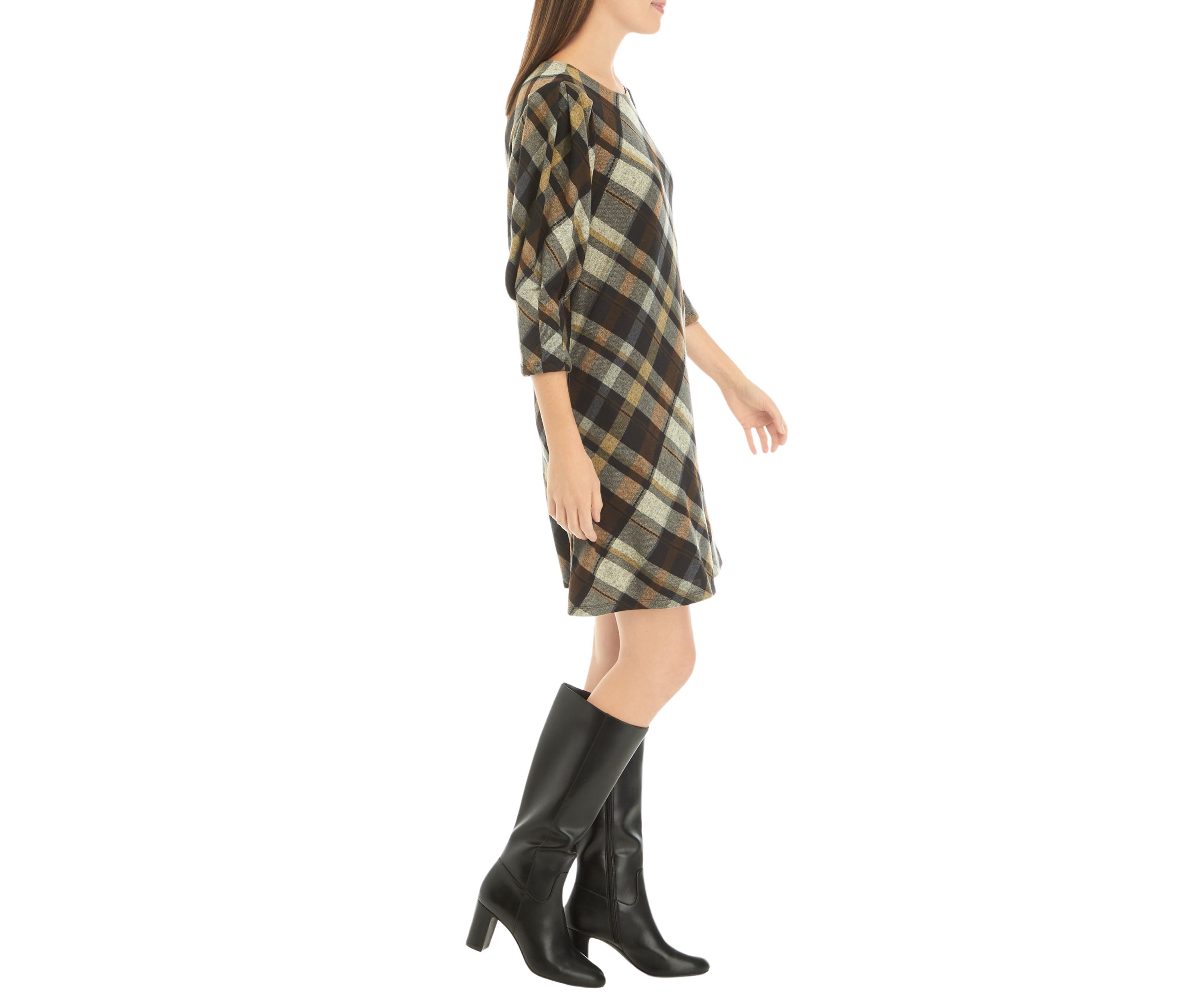 Womens 3/4 Puff Sleeve Plaid Fit and Flare Dress