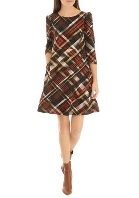 Women's 3/4 Puff Sleeve Plaid A-Line Dress