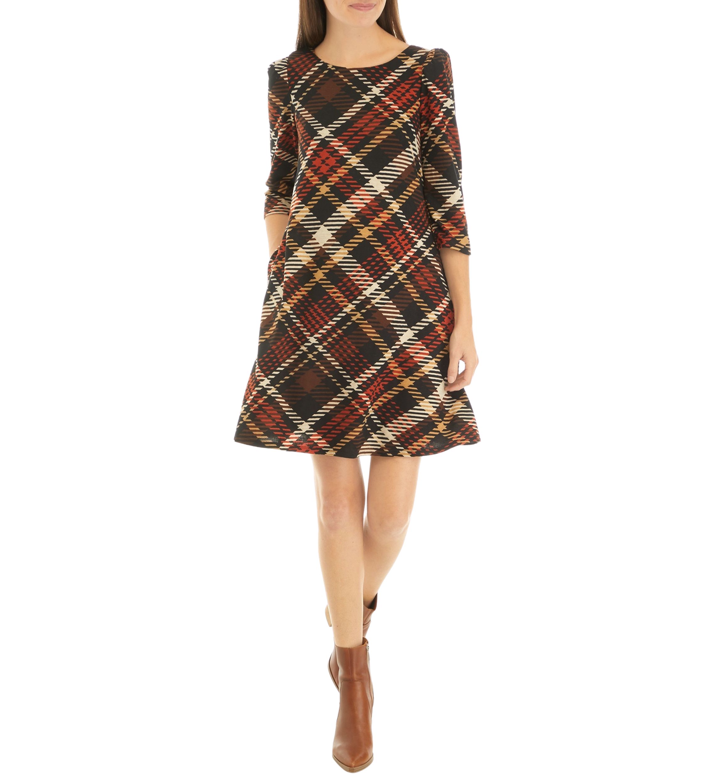 Womens 3/4 Puff Sleeve Plaid A-Line Dress