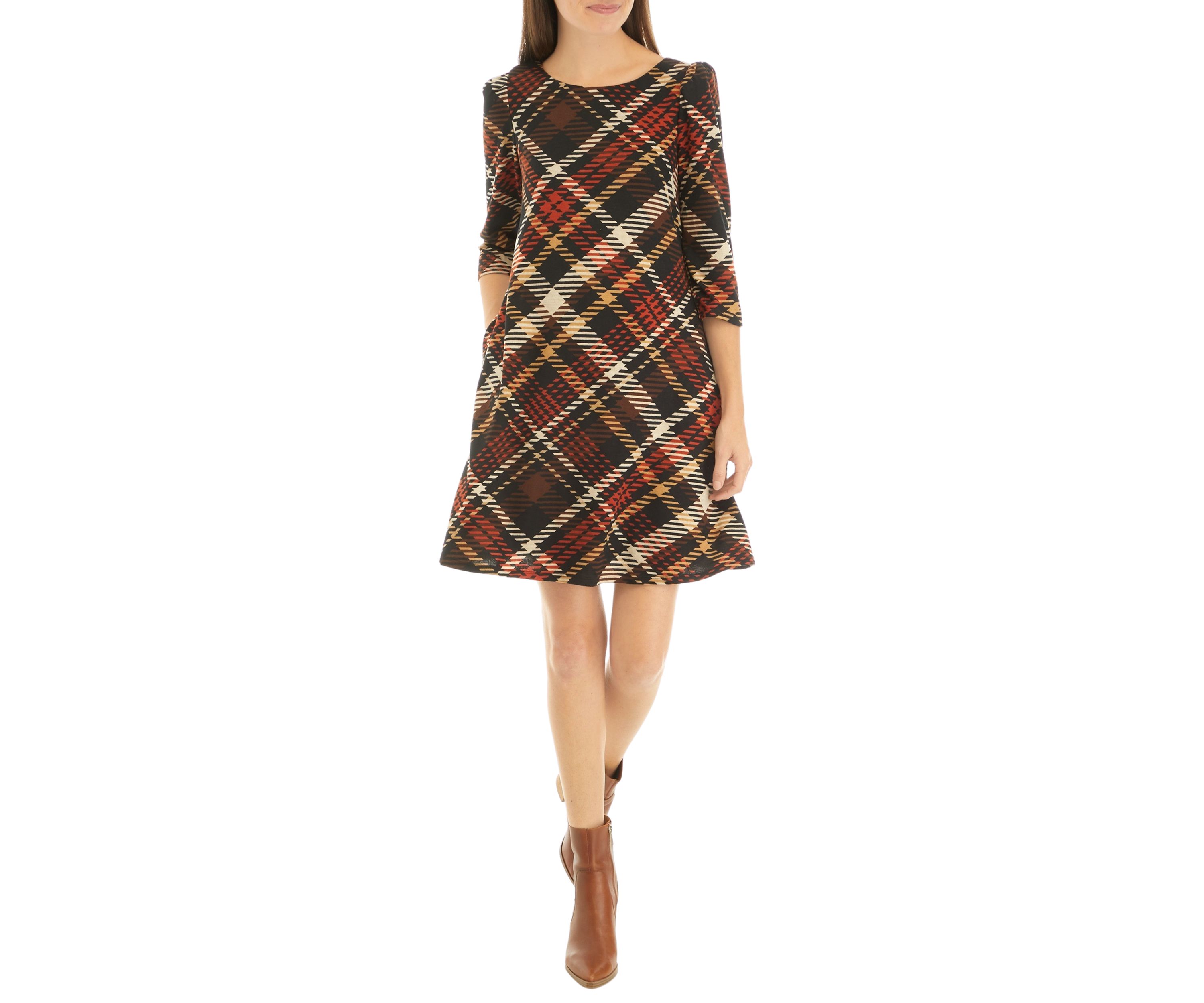 Womens 3/4 Puff Sleeve Plaid A-Line Dress