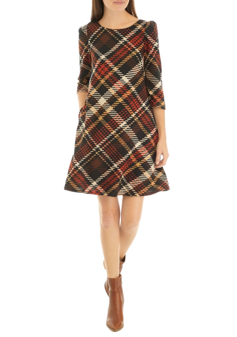 Womens 3/4 Puff Sleeve Plaid A-Line Dress