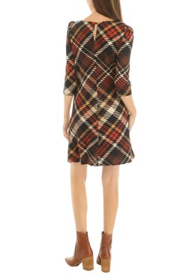 Women's 3/4 Puff Sleeve Plaid A-Line Dress