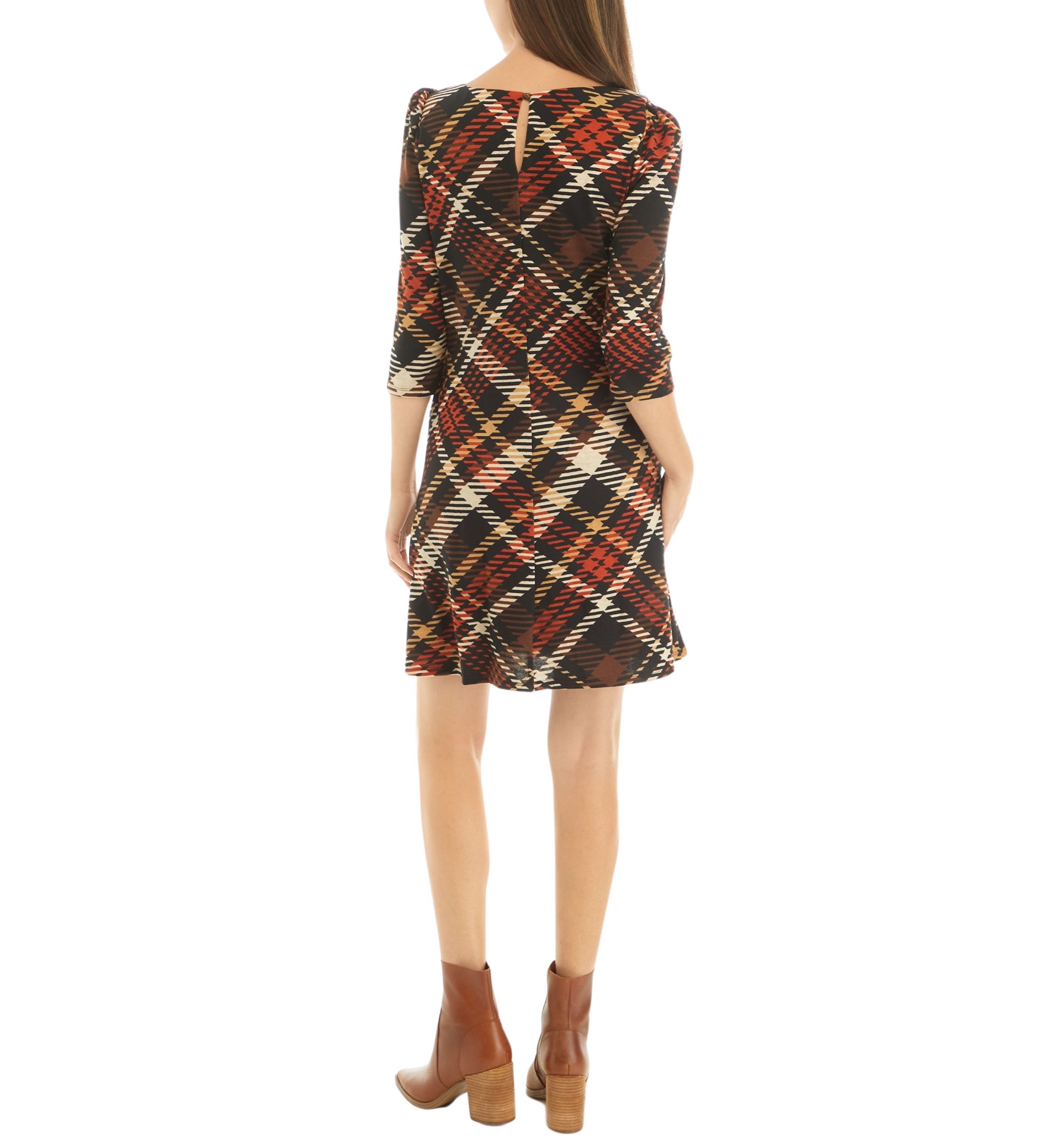 Womens 3/4 Puff Sleeve Plaid A-Line Dress