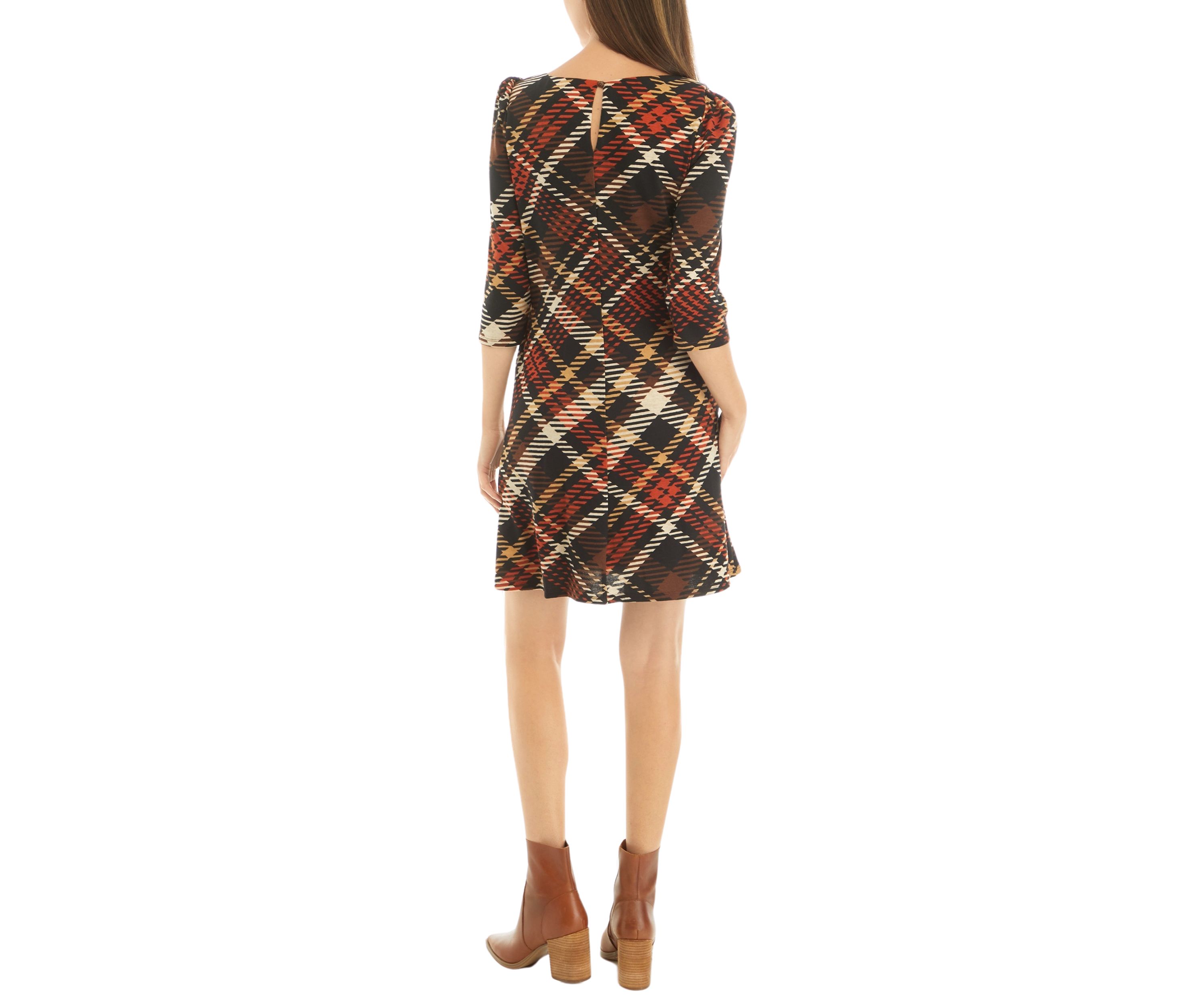 Womens 3/4 Puff Sleeve Plaid A-Line Dress