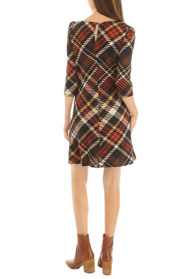 Womens 3/4 Puff Sleeve Plaid A-Line Dress