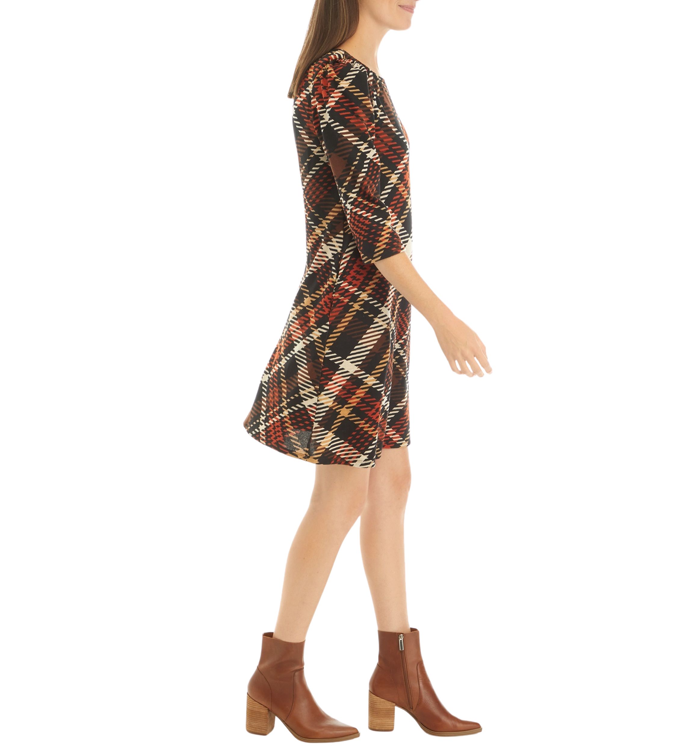 Womens 3/4 Puff Sleeve Plaid A-Line Dress